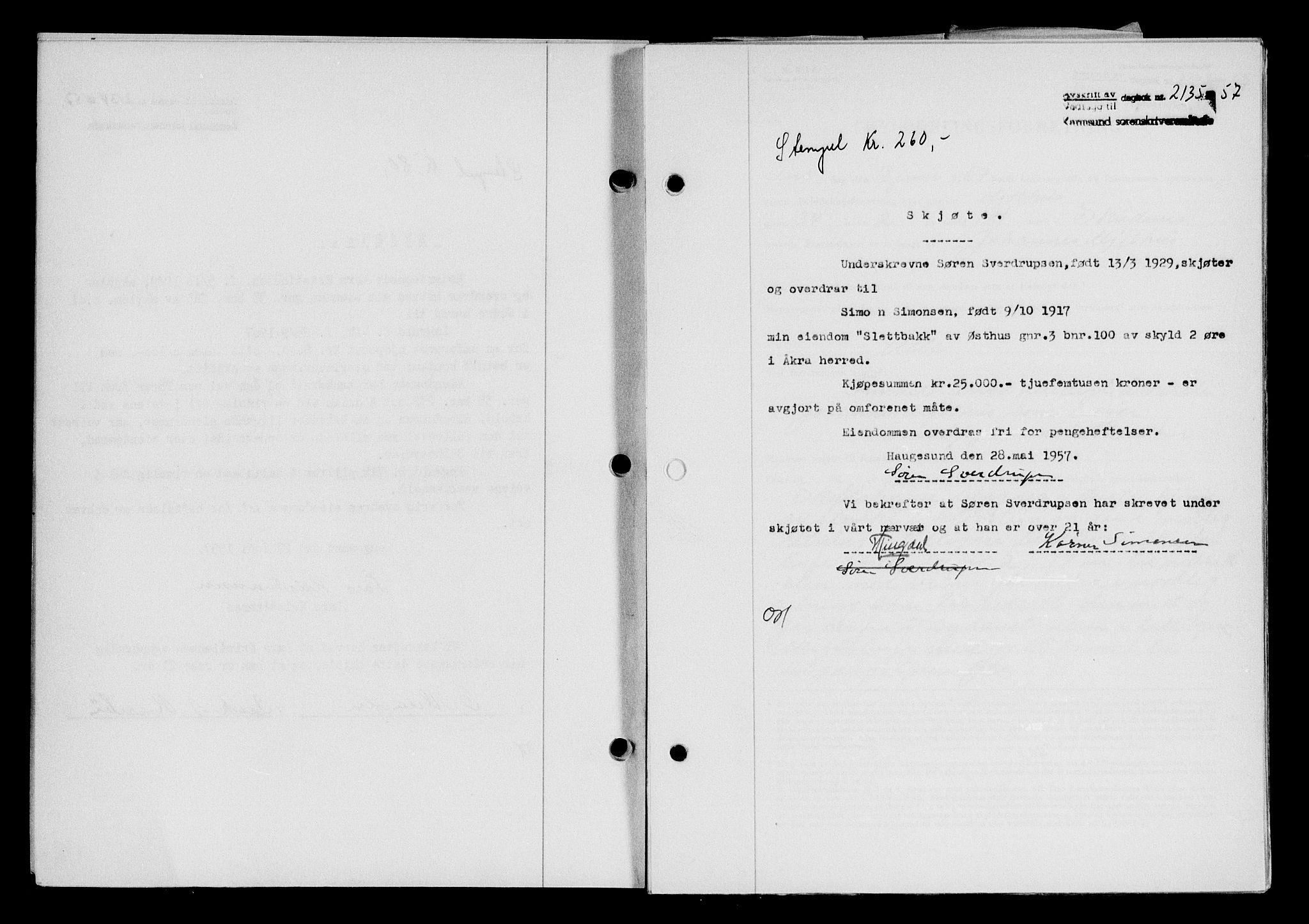 Karmsund sorenskriveri, SAST/A-100311/01/II/IIB/L0125: Mortgage book no. 105A, 1957-1957, Diary no: : 2135/1957