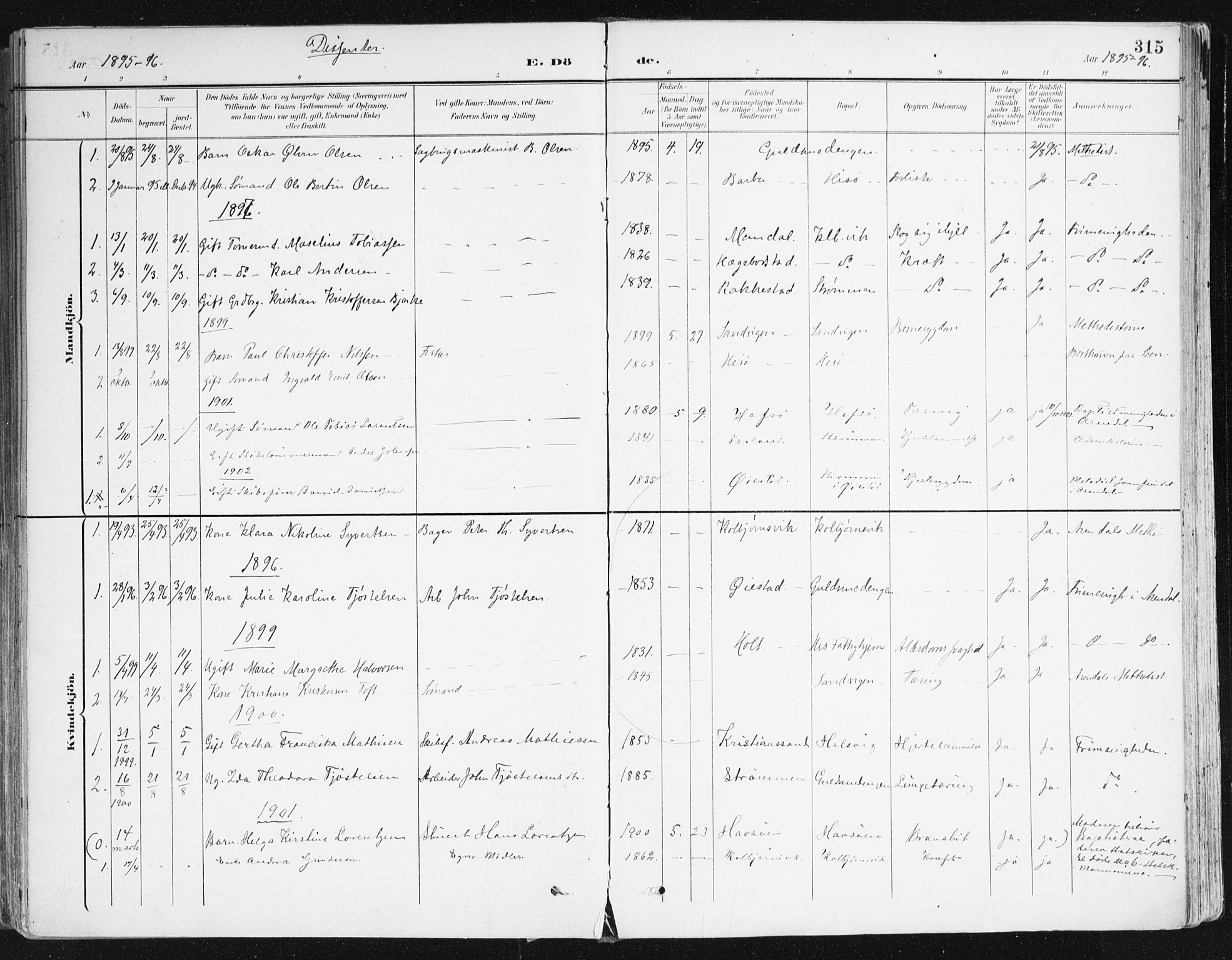 Hisøy sokneprestkontor, SAK/1111-0020/F/Fa/L0004: Parish register (official) no. A 4, 1895-1917, p. 315
