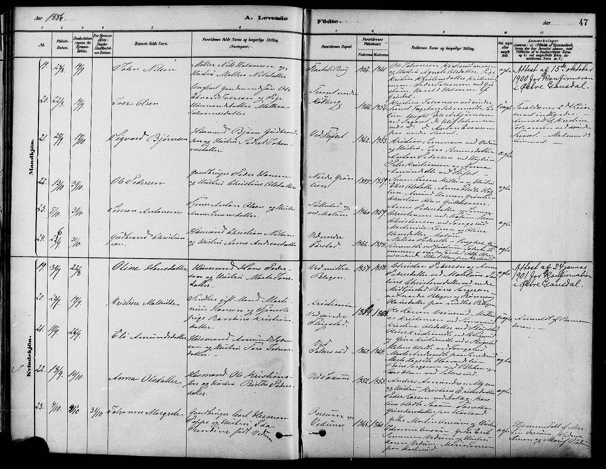 Fåberg prestekontor, AV/SAH-PREST-086/H/Ha/Haa/L0008: Parish register (official) no. 8, 1879-1898, p. 47