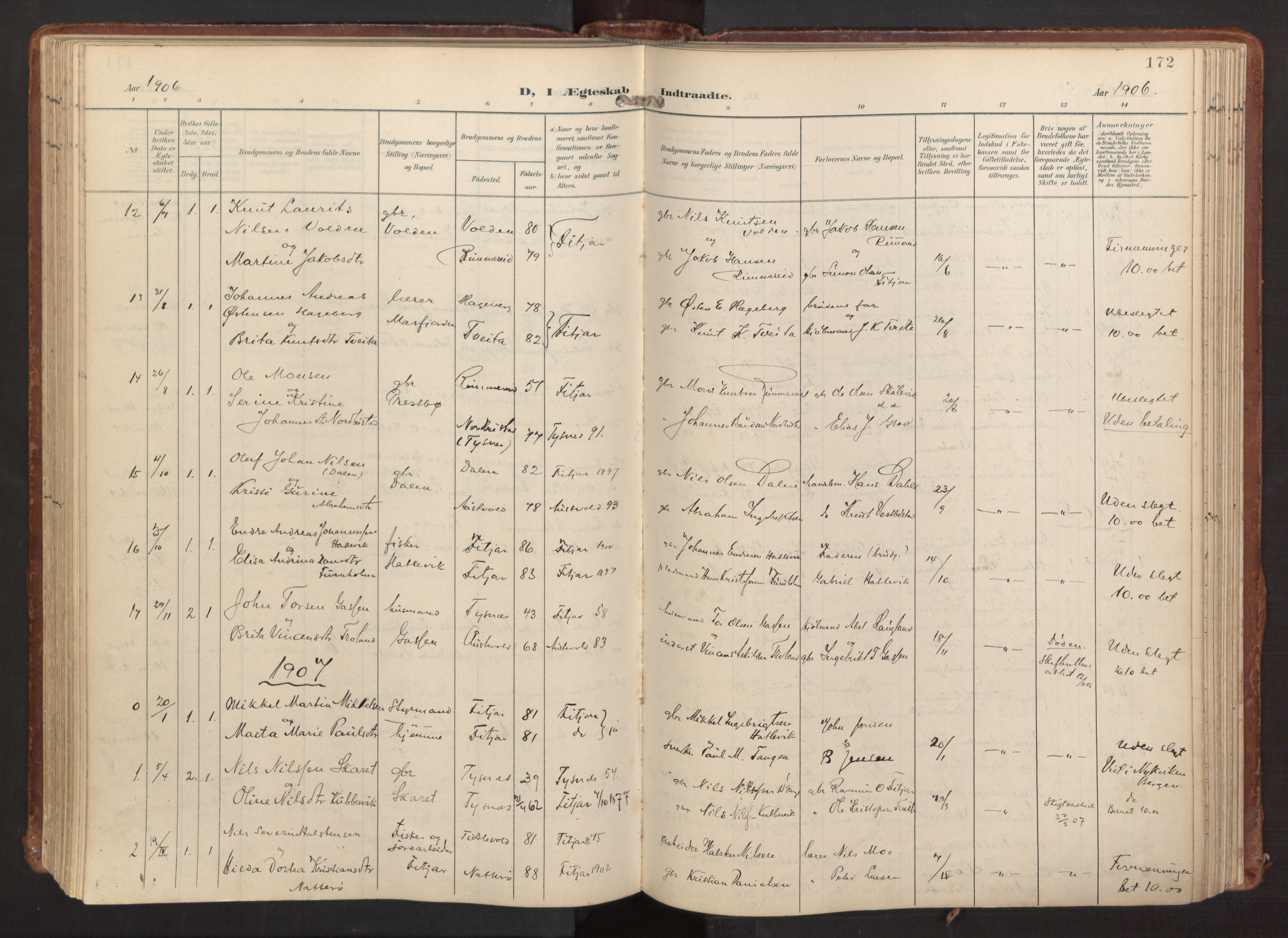 Fitjar sokneprestembete, SAB/A-99926: Parish register (official) no. A 3, 1900-1918, p. 172