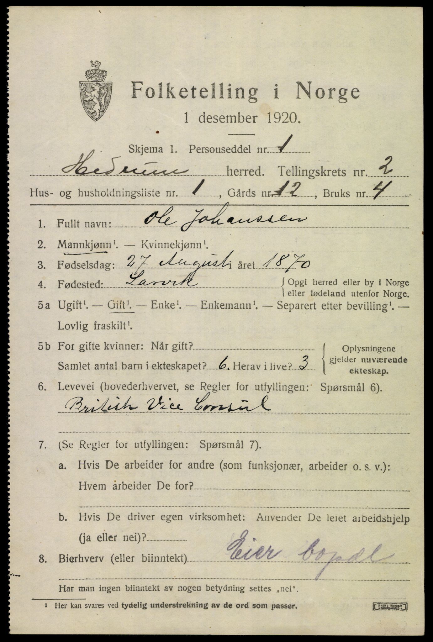 SAKO, 1920 census for Hedrum, 1920, p. 2401