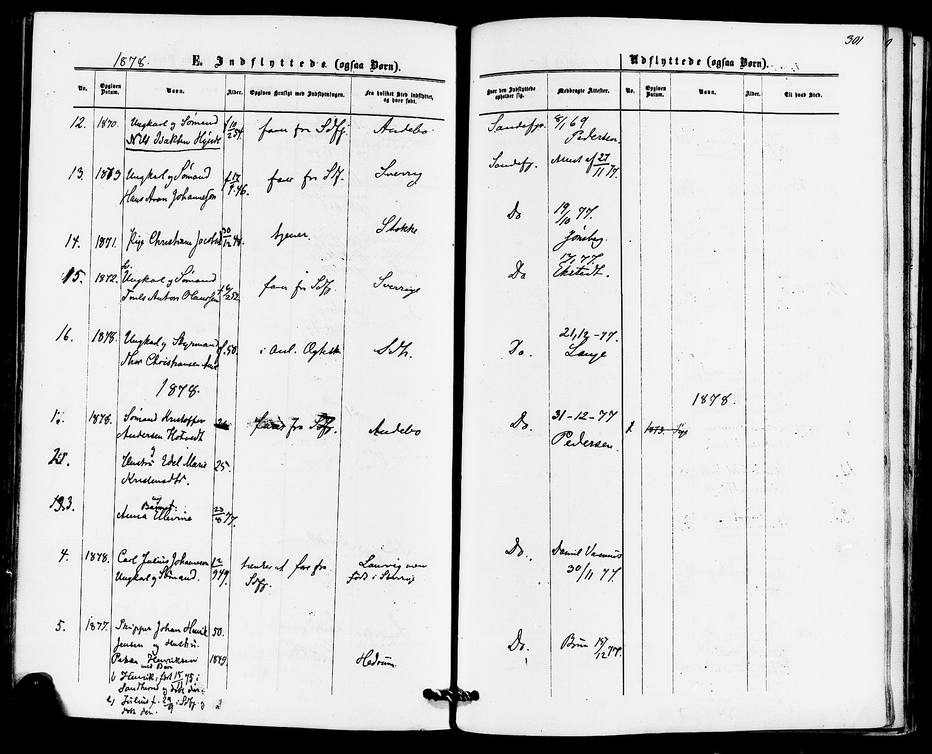 Sandefjord kirkebøker, AV/SAKO-A-315/F/Fa/L0001: Parish register (official) no. 1, 1873-1879, p. 301