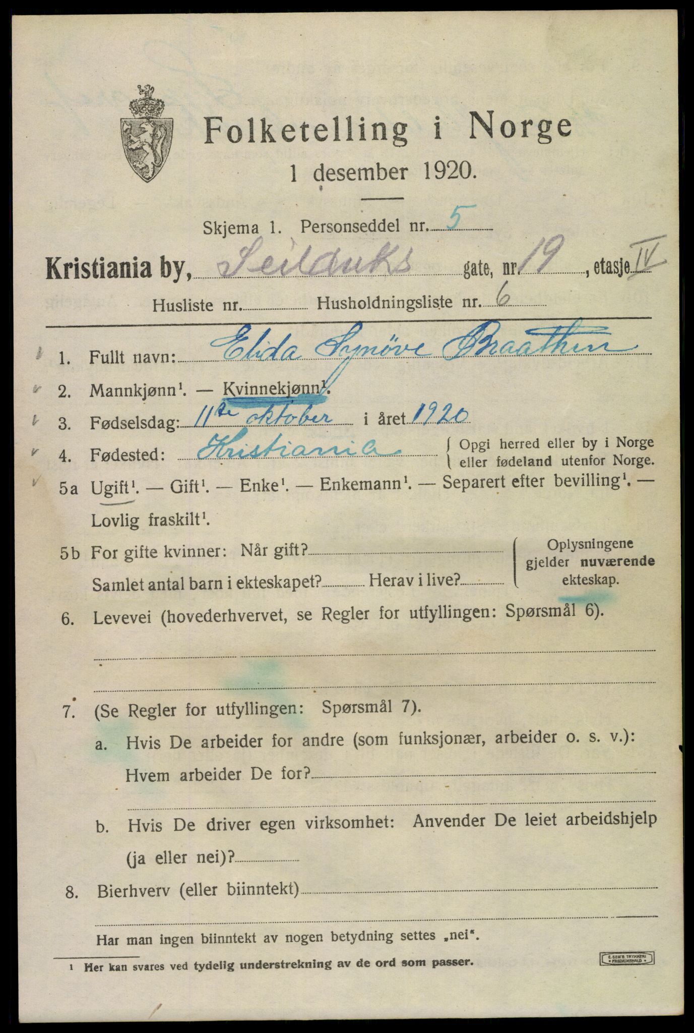 SAO, 1920 census for Kristiania, 1920, p. 507965