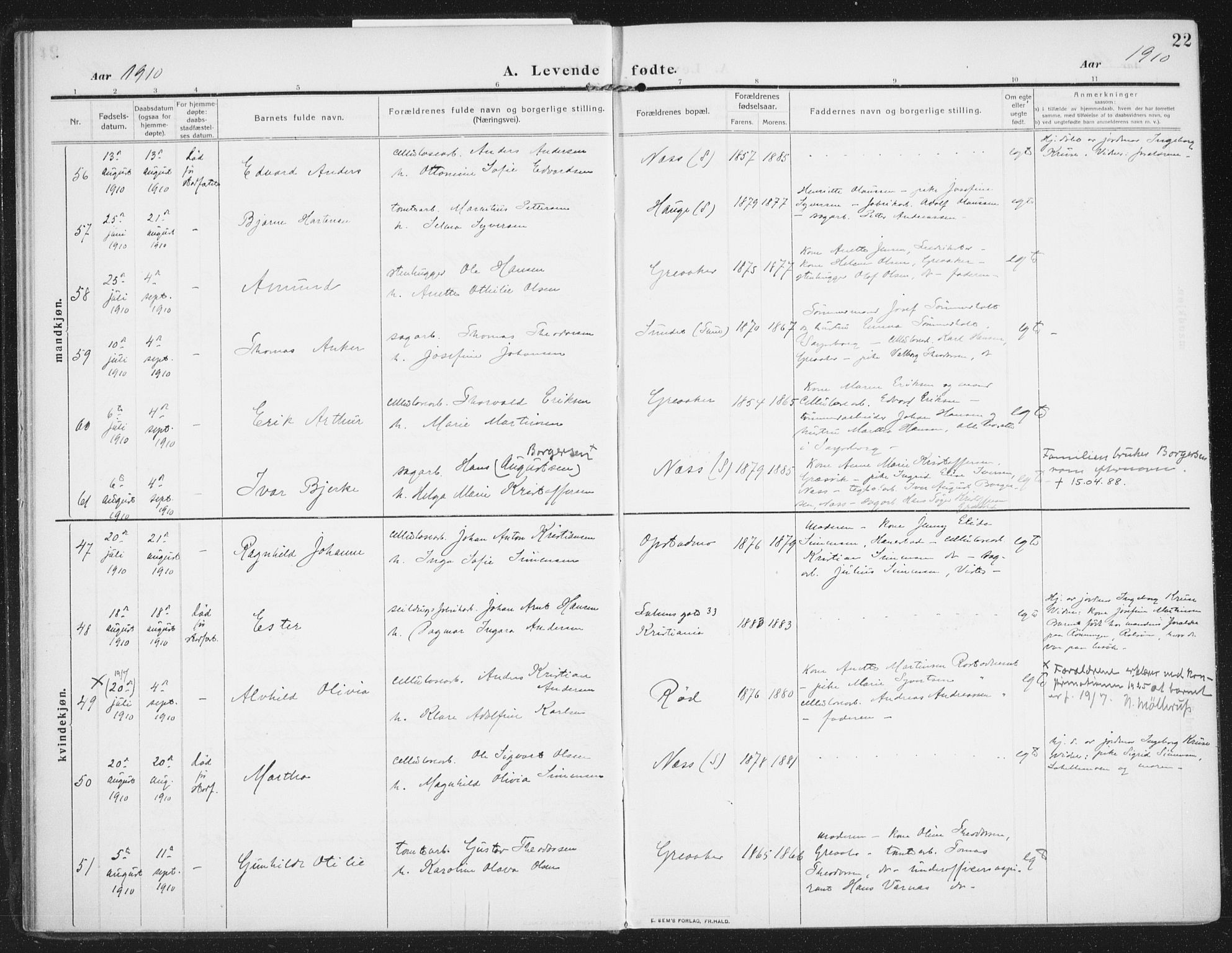 Rolvsøy prestekontor Kirkebøker, AV/SAO-A-2004/F/Fa/L0002: Parish register (official) no. 2, 1909-1917, p. 22