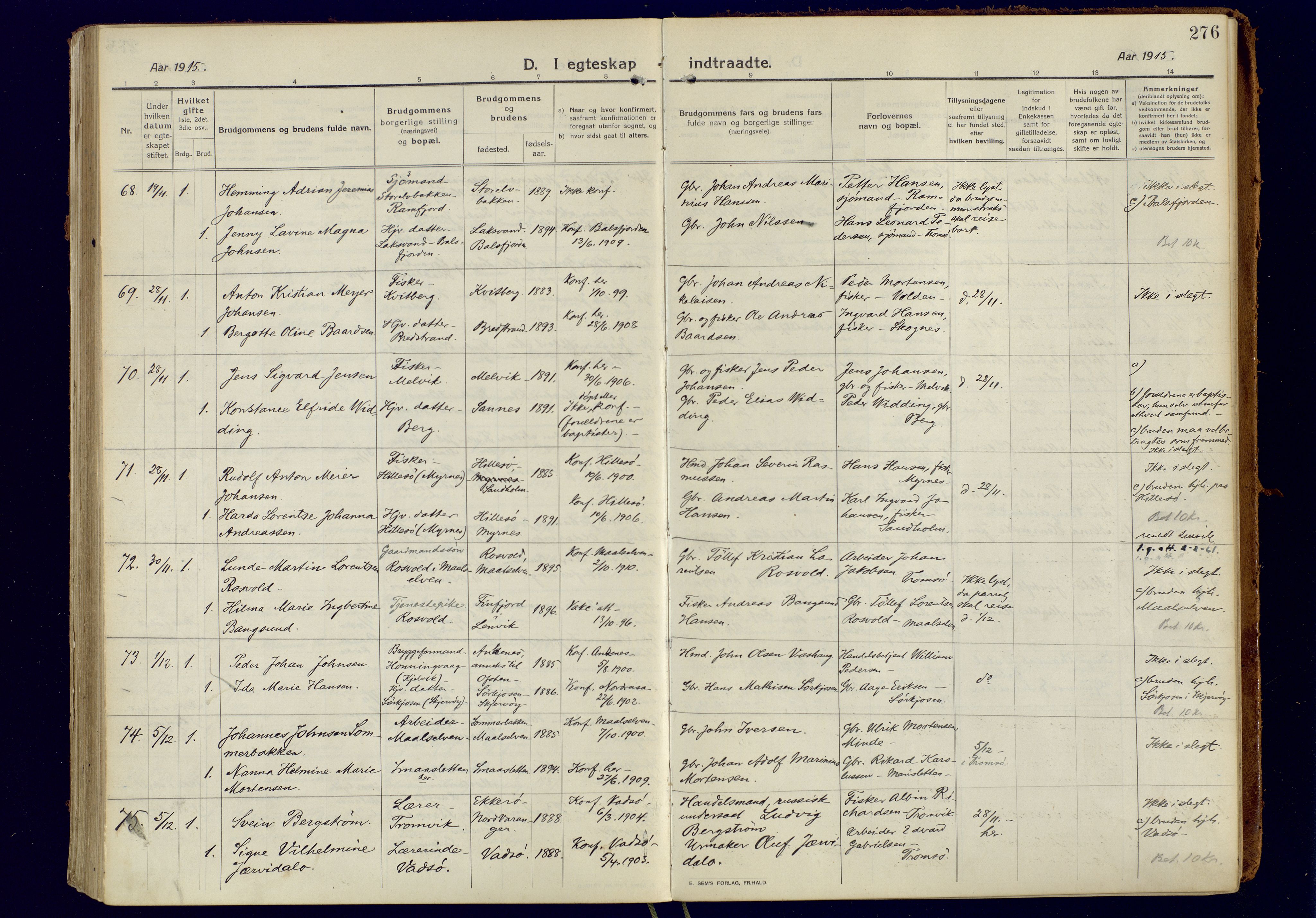 Tromsøysund sokneprestkontor, SATØ/S-1304/G/Ga/L0008kirke: Parish register (official) no. 8, 1914-1922, p. 276