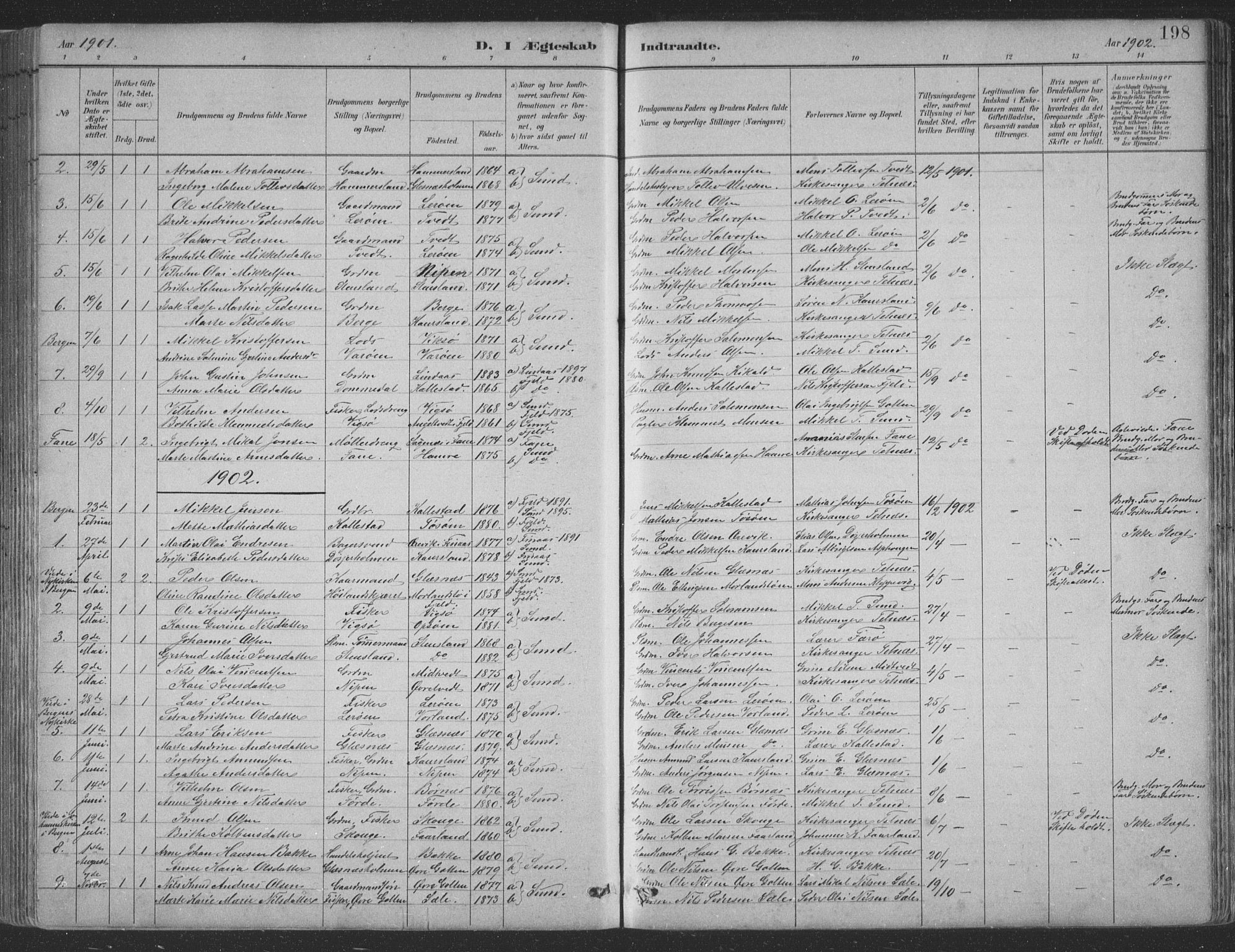 Sund sokneprestembete, SAB/A-99930: Parish register (copy) no. B 3, 1882-1911, p. 198