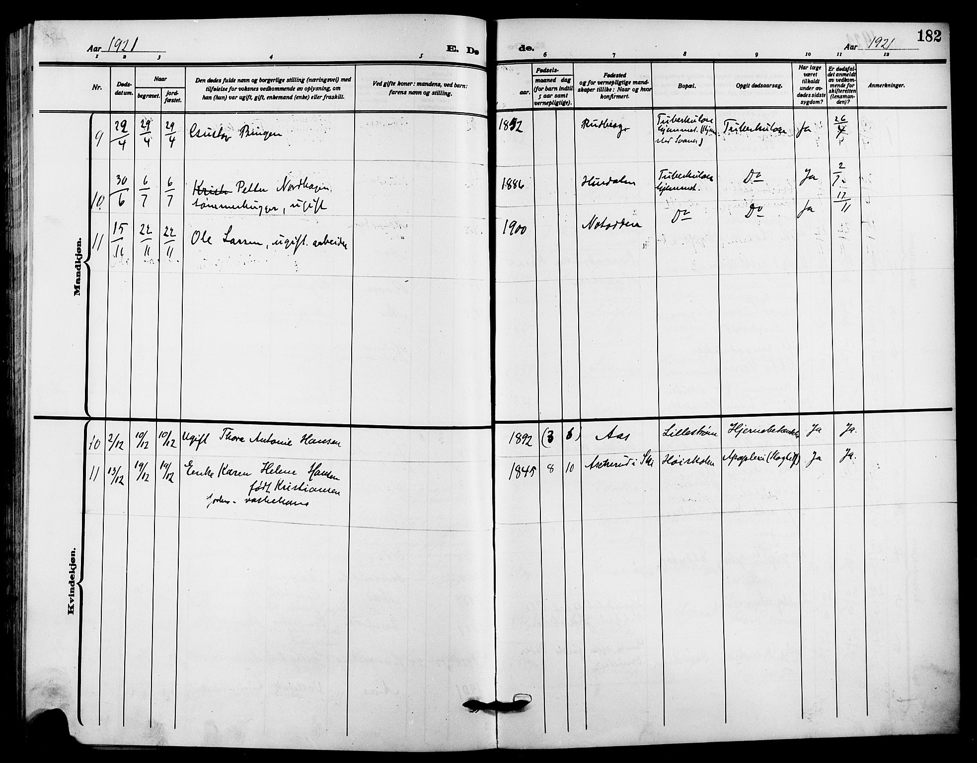 Ås prestekontor Kirkebøker, SAO/A-10894/G/Ga/L0005: Parish register (copy) no. I 5, 1916-1924, p. 182