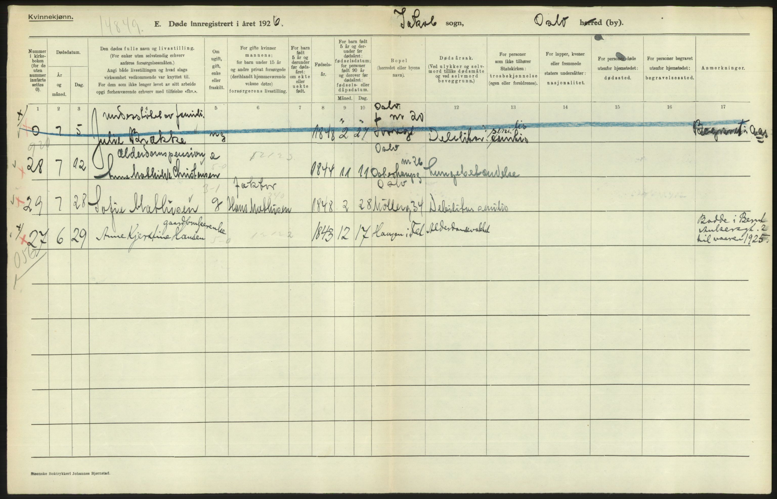 Statistisk sentralbyrå, Sosiodemografiske emner, Befolkning, AV/RA-S-2228/D/Df/Dfc/Dfcf/L0010: Oslo: Døde kvinner, dødfødte, 1926, p. 306