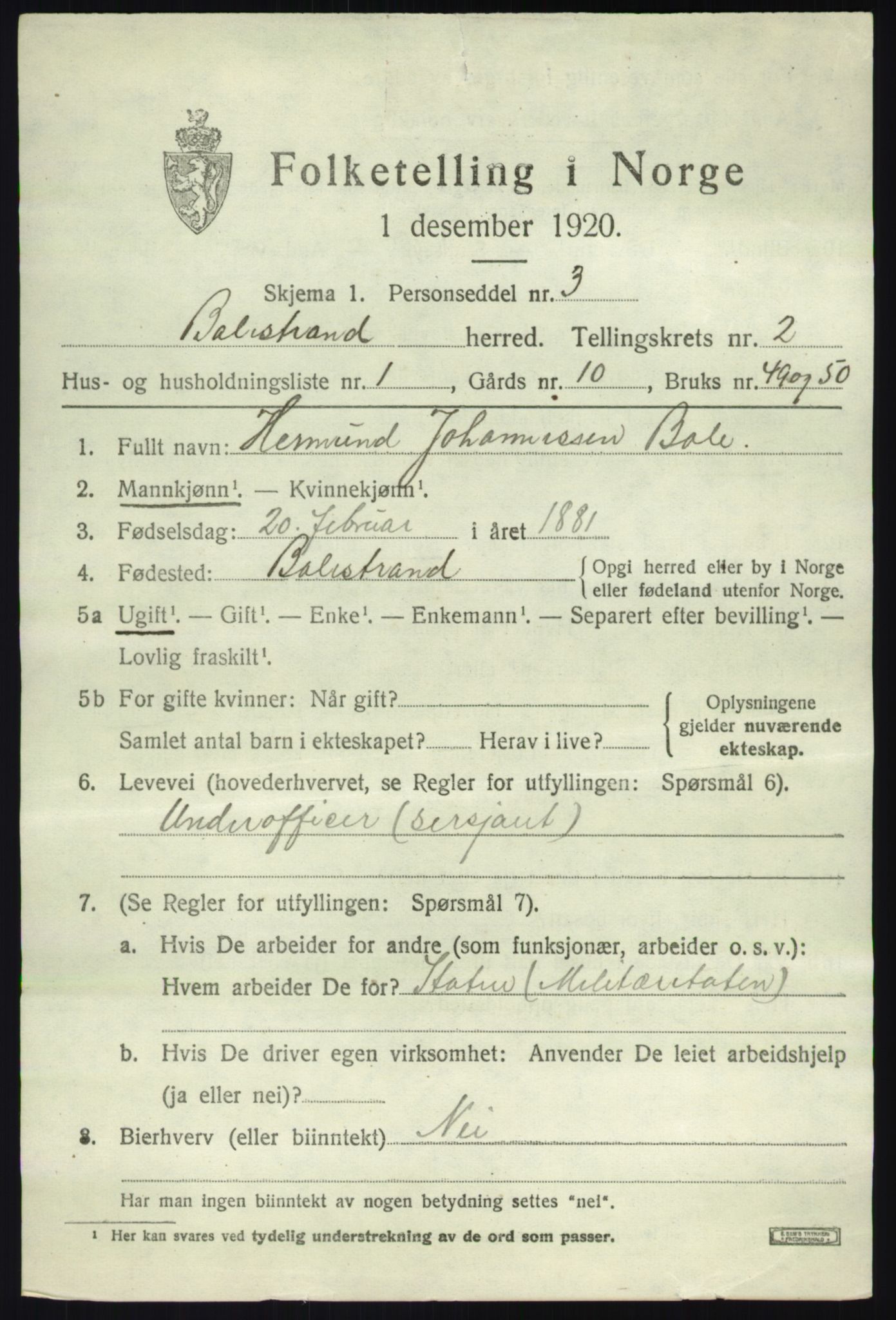 SAB, 1920 census for Balestrand, 1920, p. 1224