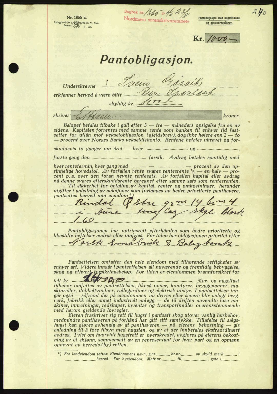 Nordmøre sorenskriveri, AV/SAT-A-4132/1/2/2Ca: Mortgage book no. B87, 1940-1941, Diary no: : 1365/1940