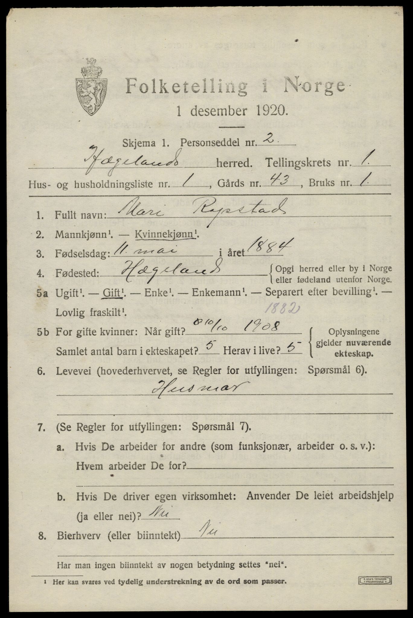 SAK, 1920 census for Hægeland, 1920, p. 399