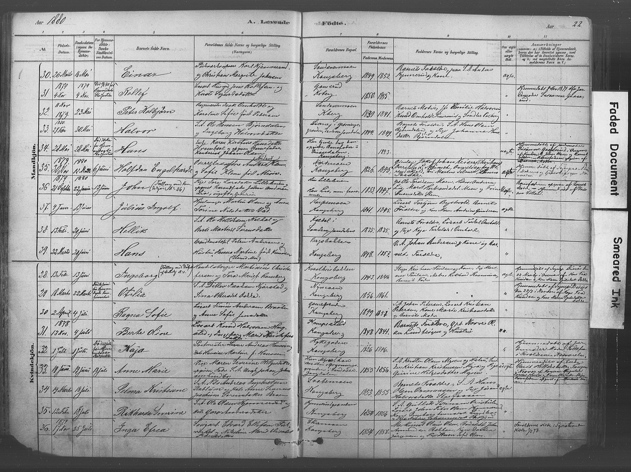 Kongsberg kirkebøker, AV/SAKO-A-22/F/Fb/L0001: Parish register (official) no. II 1, 1878-1886, p. 22