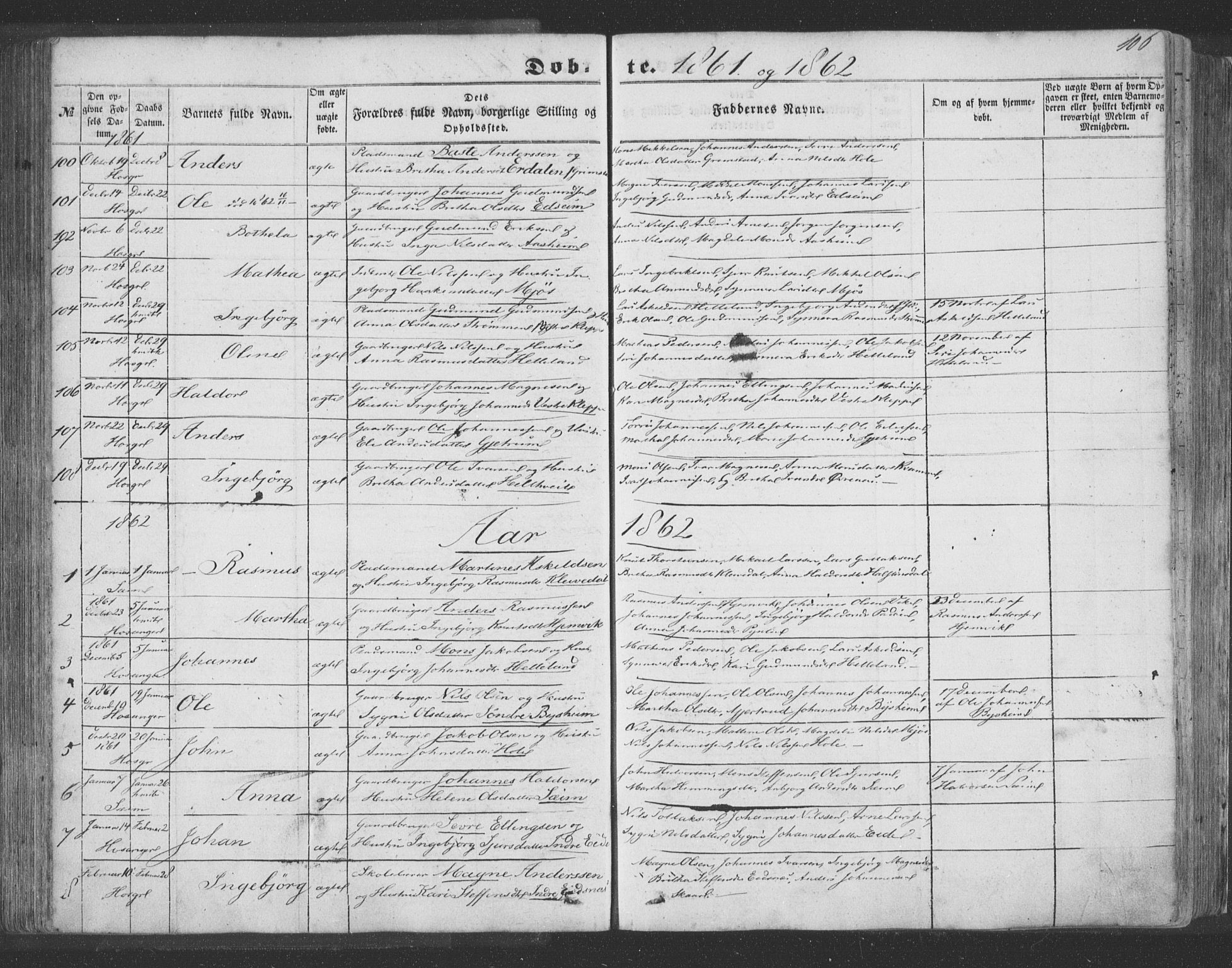 Hosanger sokneprestembete, SAB/A-75801/H/Haa: Parish register (official) no. A 8, 1849-1863, p. 106