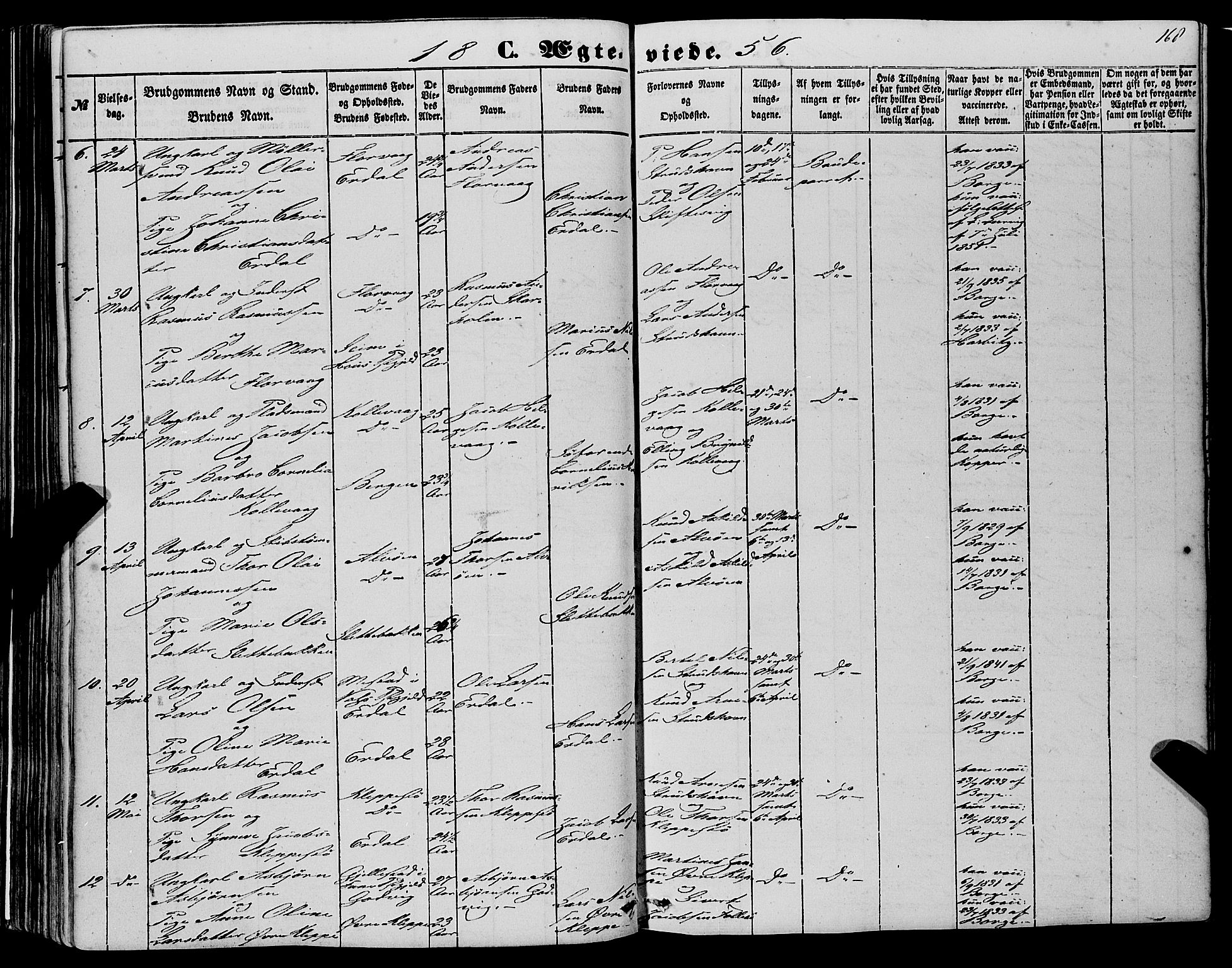 Askøy Sokneprestembete, AV/SAB-A-74101/H/Ha/Haa/Haaa/L0008: Parish register (official) no. A 8, 1852-1862, p. 168