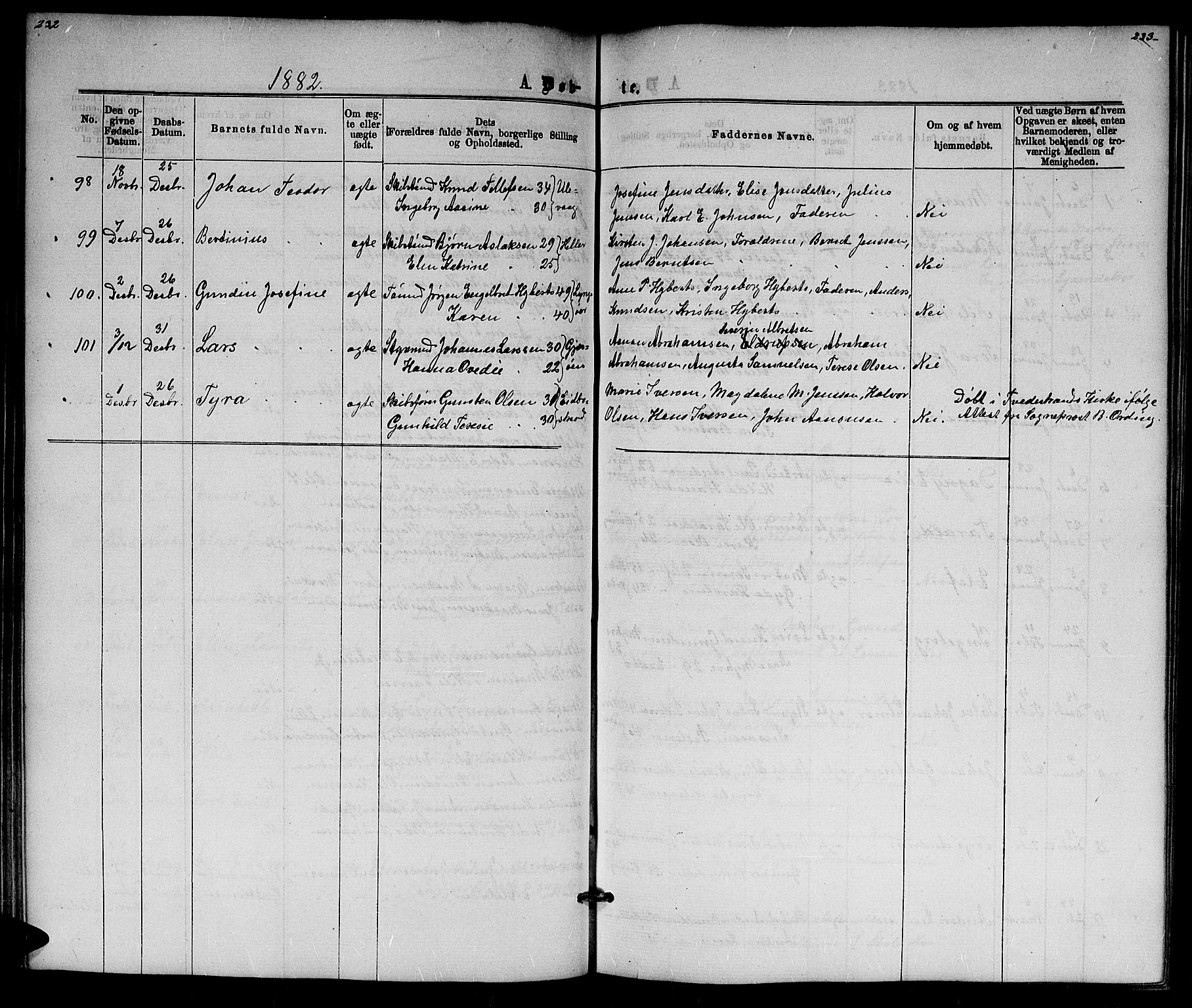 Dypvåg sokneprestkontor, SAK/1111-0007/F/Fb/Fba/L0012: Parish register (copy) no. B 12, 1872-1886, p. 232-233