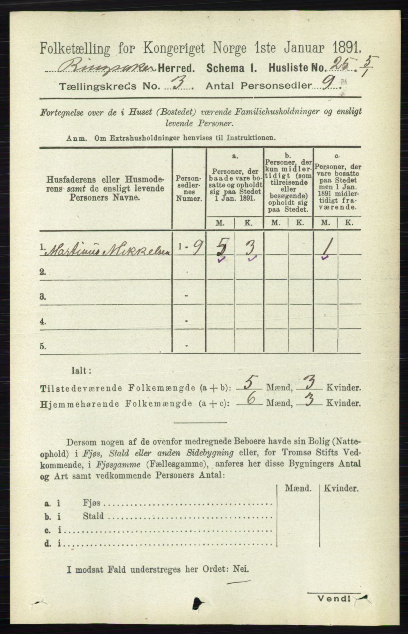 RA, 1891 census for 0412 Ringsaker, 1891, p. 1186