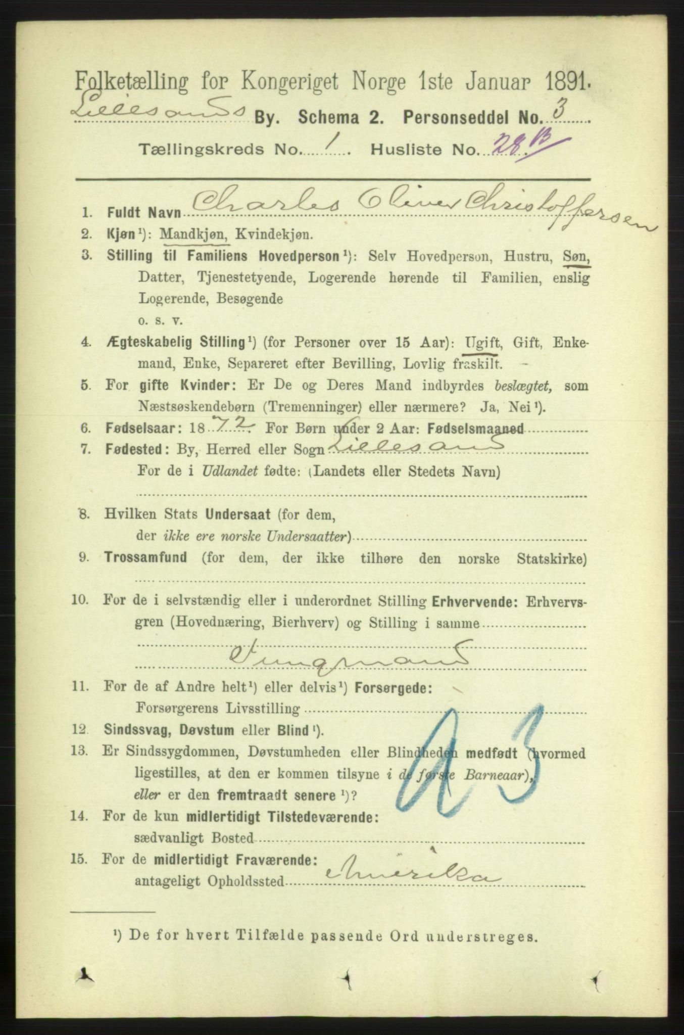 RA, 1891 census for 0905 Lillesand, 1891, p. 179