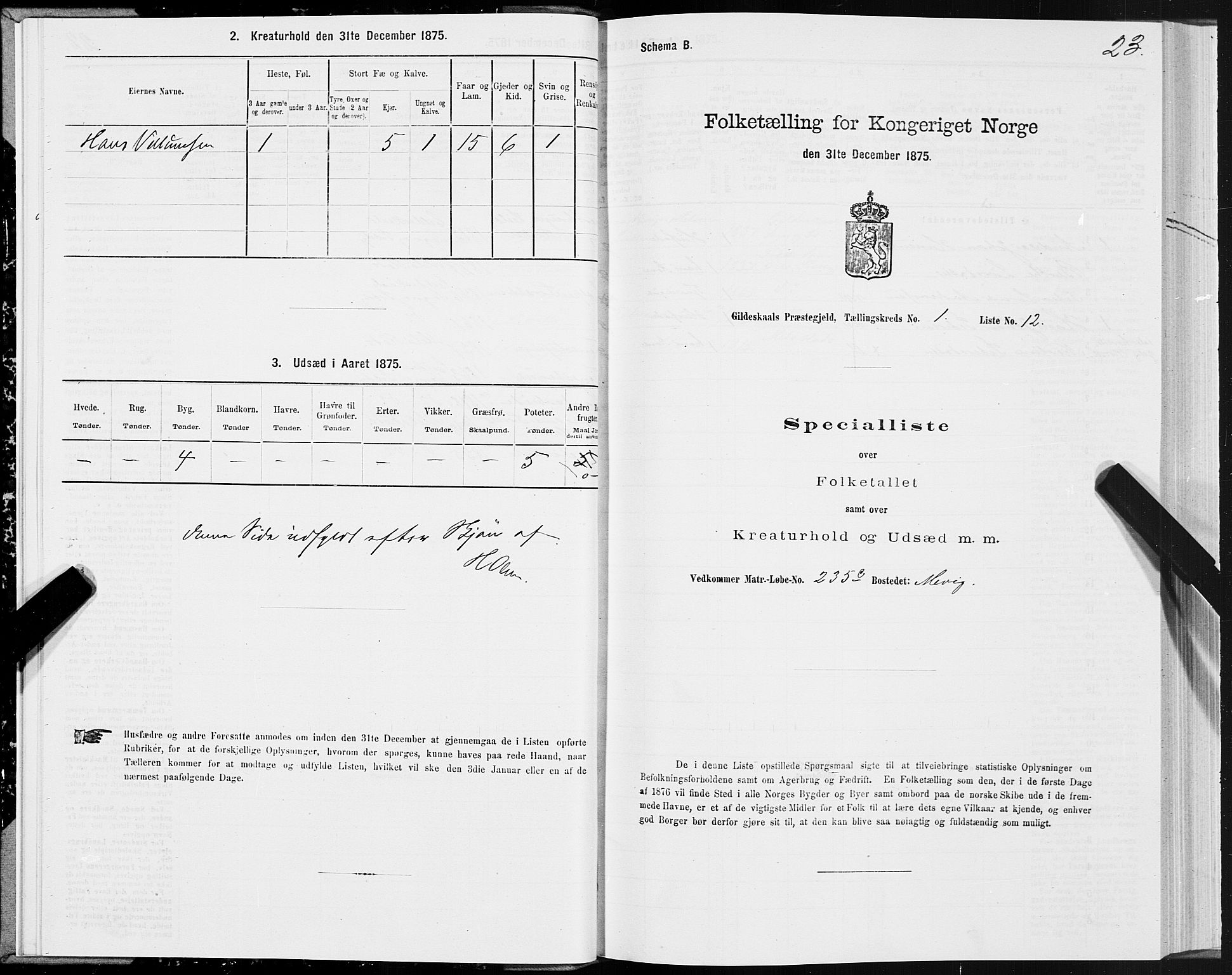SAT, 1875 census for 1838P Gildeskål, 1875, p. 1023