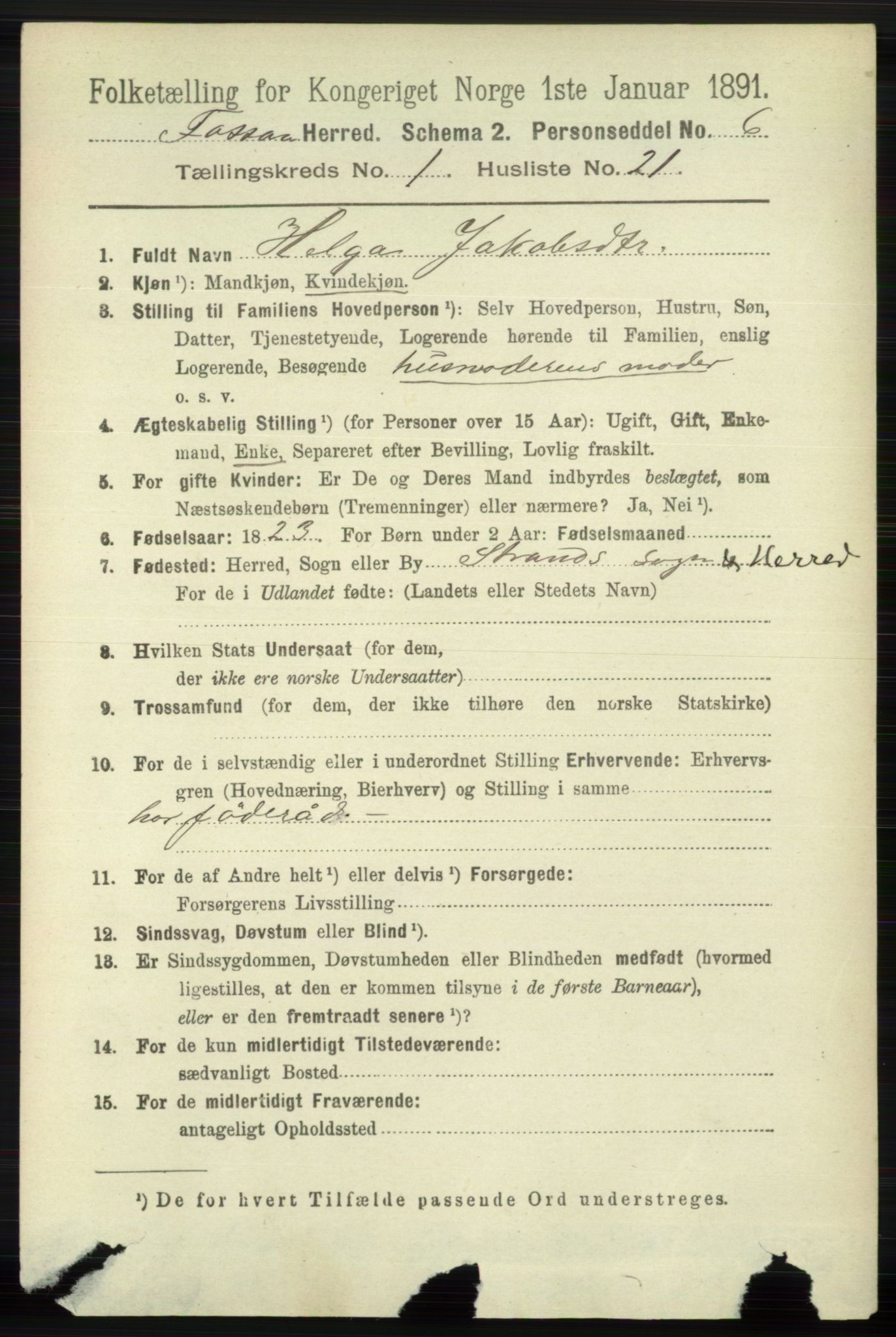 RA, 1891 census for 1129 Forsand, 1891, p. 181