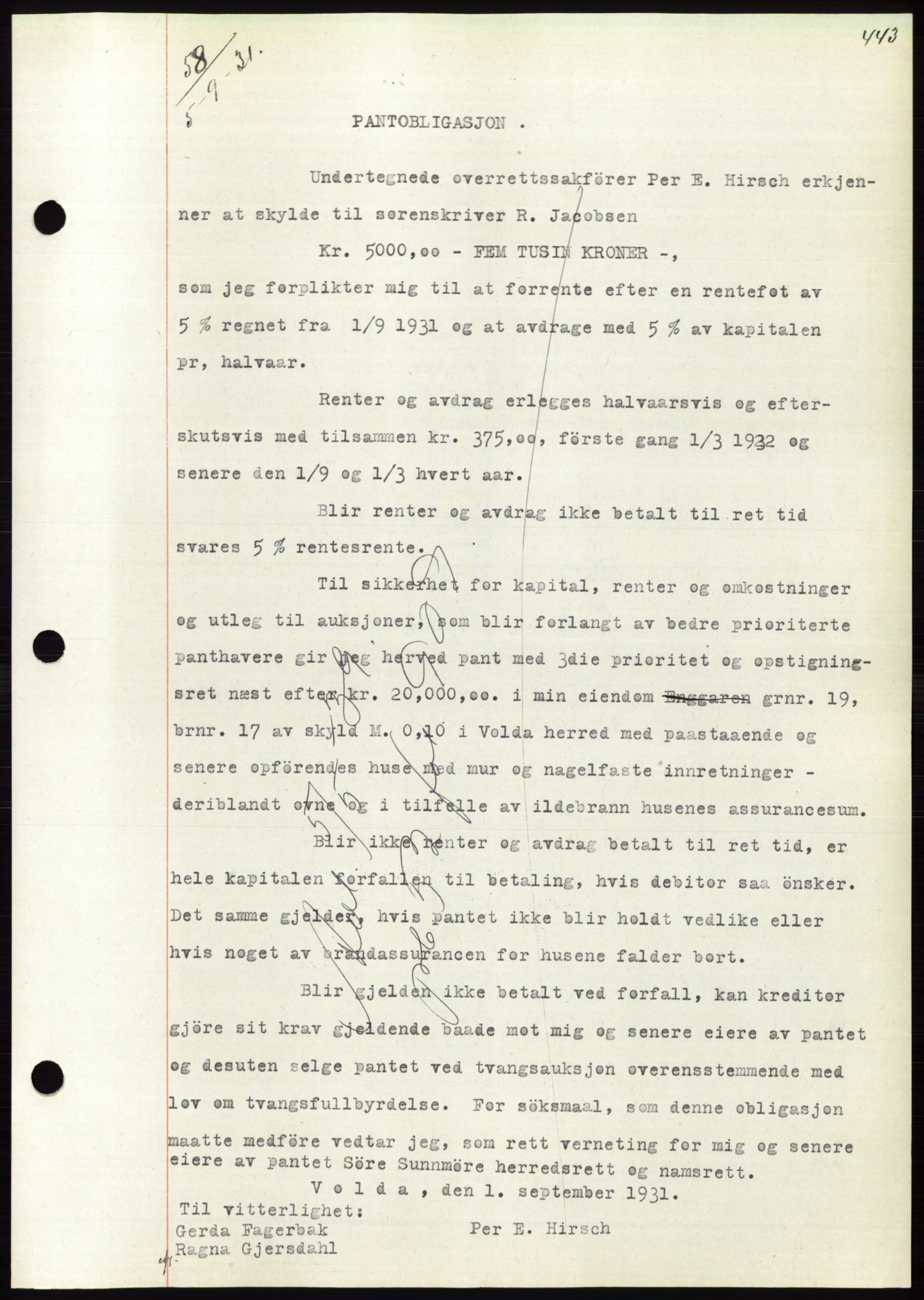 Søre Sunnmøre sorenskriveri, AV/SAT-A-4122/1/2/2C/L0052: Mortgage book no. 46, 1931-1931, Deed date: 05.09.1931