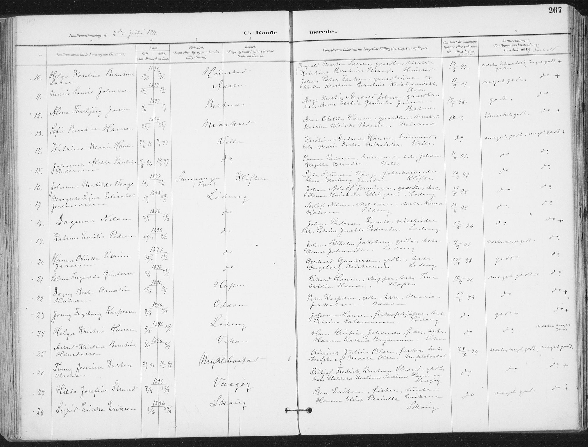 Ministerialprotokoller, klokkerbøker og fødselsregistre - Nordland, AV/SAT-A-1459/802/L0055: Parish register (official) no. 802A02, 1894-1915, p. 267