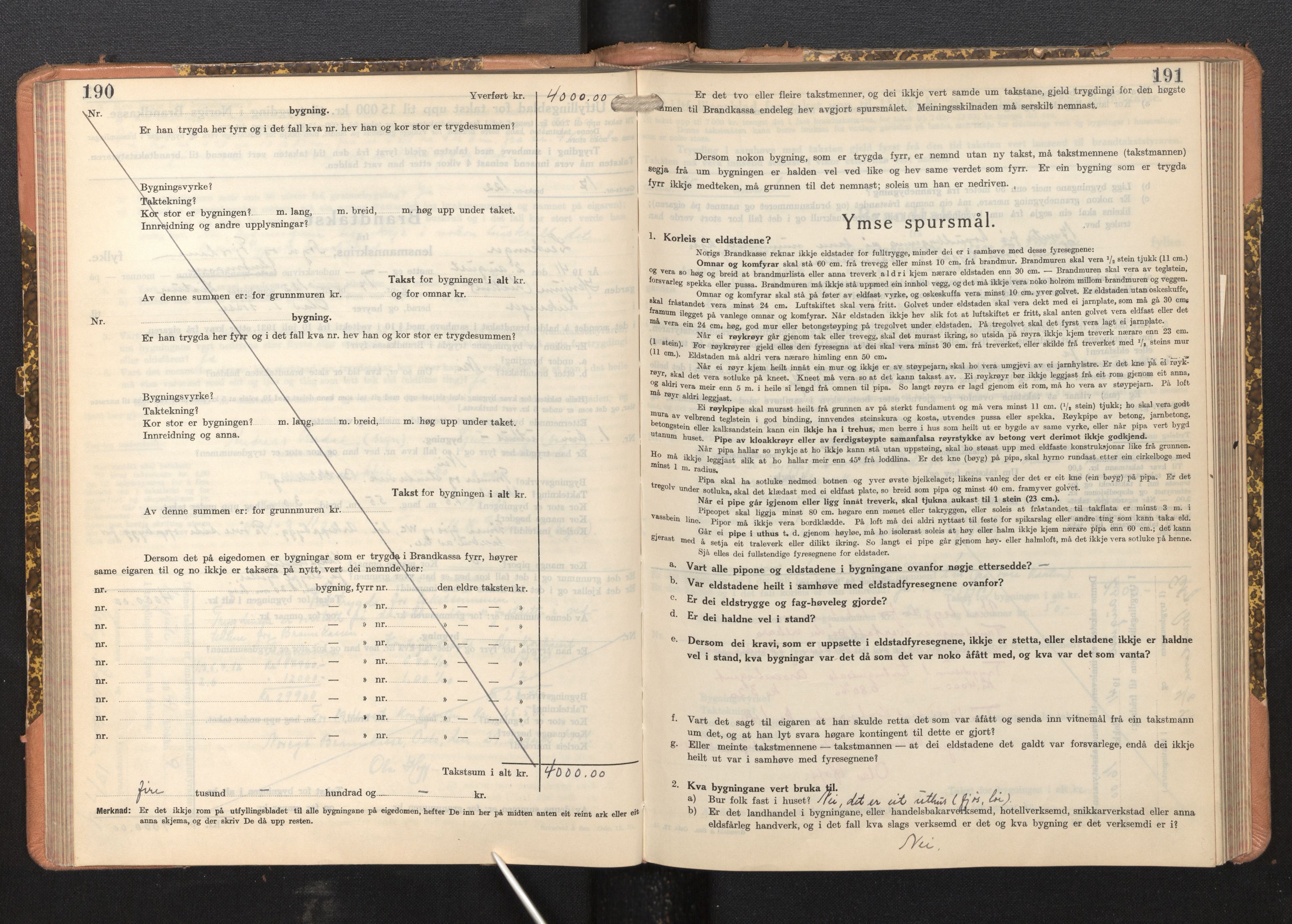 Lensmannen i Leikanger, AV/SAB-A-29201/0012/L0008: Branntakstprotokoll, skjematakst, 1937-1946, p. 190-191