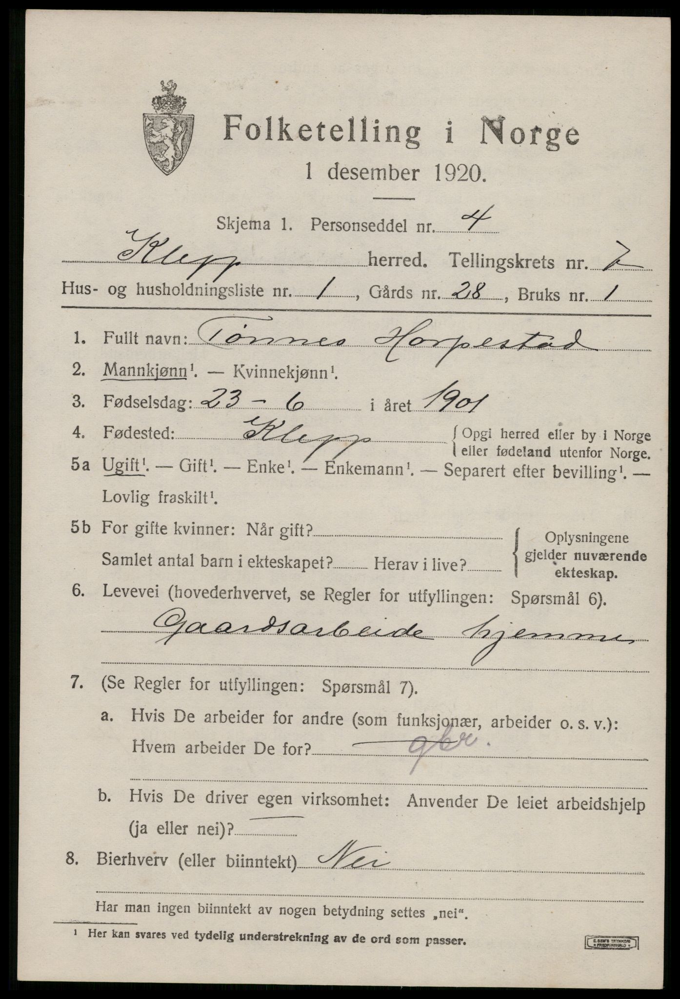 SAST, 1920 census for Klepp, 1920, p. 6580