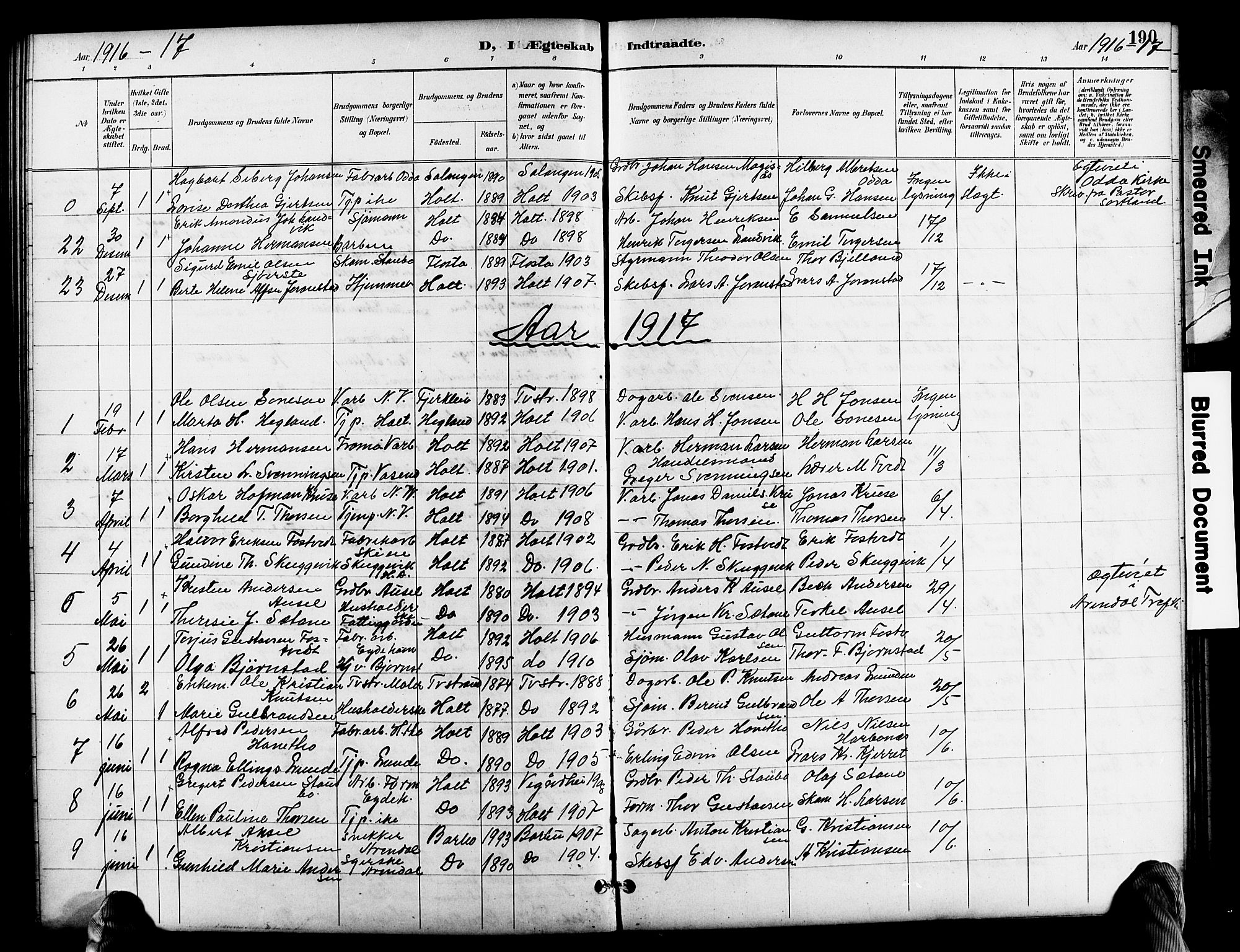 Holt sokneprestkontor, SAK/1111-0021/F/Fb/L0011: Parish register (copy) no. B 11, 1897-1921, p. 190