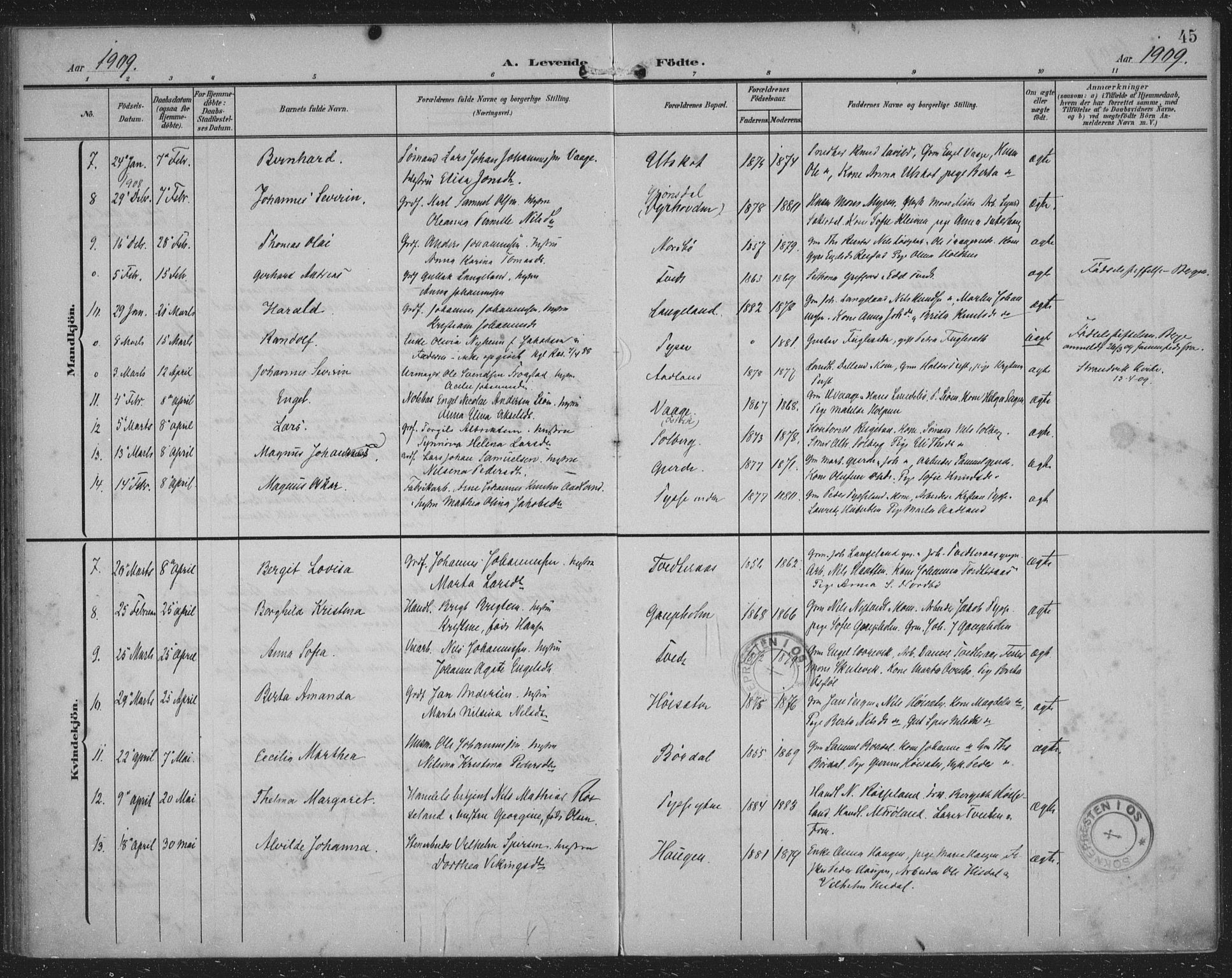 Samnanger Sokneprestembete, SAB/A-77501/H/Haa: Parish register (official) no. A 2, 1902-1918, p. 45