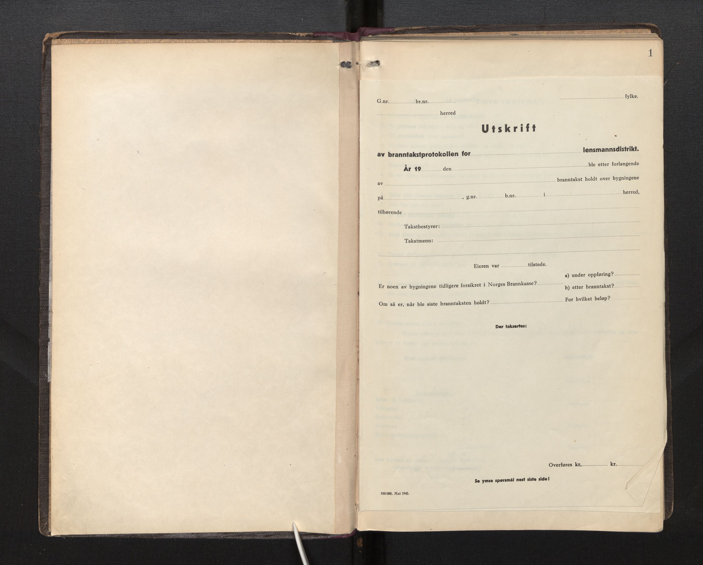 Lensmannen i Os, AV/SAB-A-34101/0012/L0004: Branntakstprotokoll, 1927-1944, p. 1