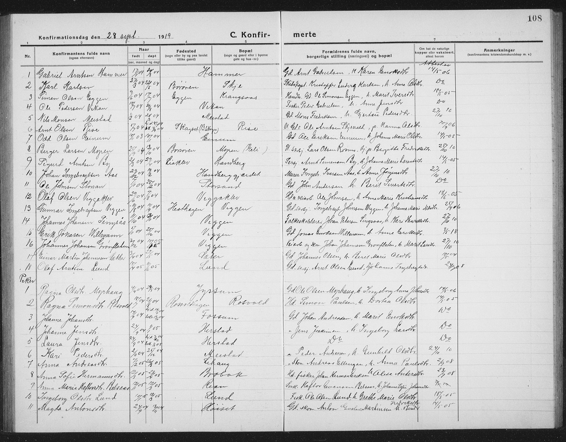 Ministerialprotokoller, klokkerbøker og fødselsregistre - Sør-Trøndelag, SAT/A-1456/665/L0778: Parish register (copy) no. 665C03, 1916-1938, p. 108