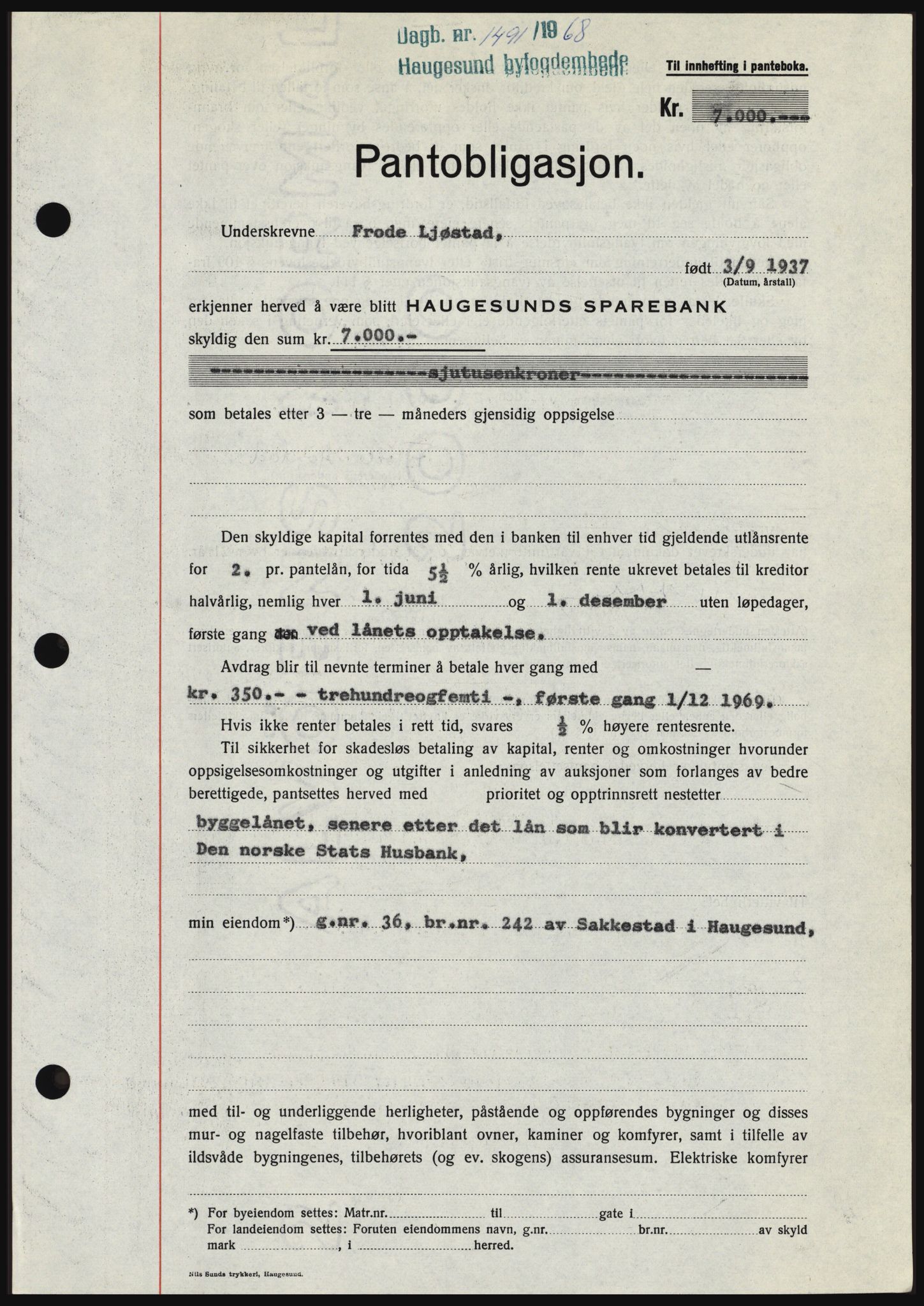Haugesund tingrett, SAST/A-101415/01/II/IIC/L0058: Mortgage book no. B 58, 1967-1968, Diary no: : 1491/1968