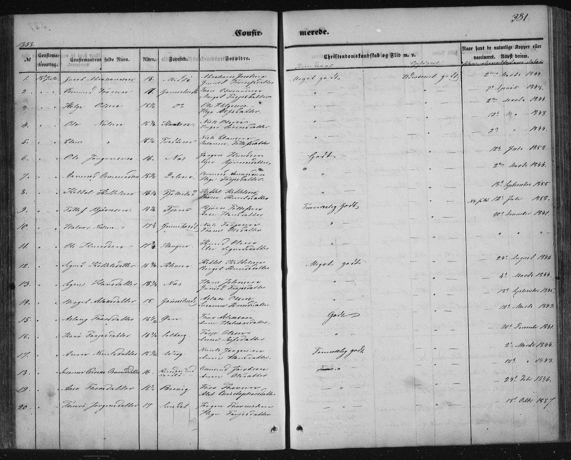 Nissedal kirkebøker, AV/SAKO-A-288/F/Fa/L0003: Parish register (official) no. I 3, 1846-1870, p. 380-381