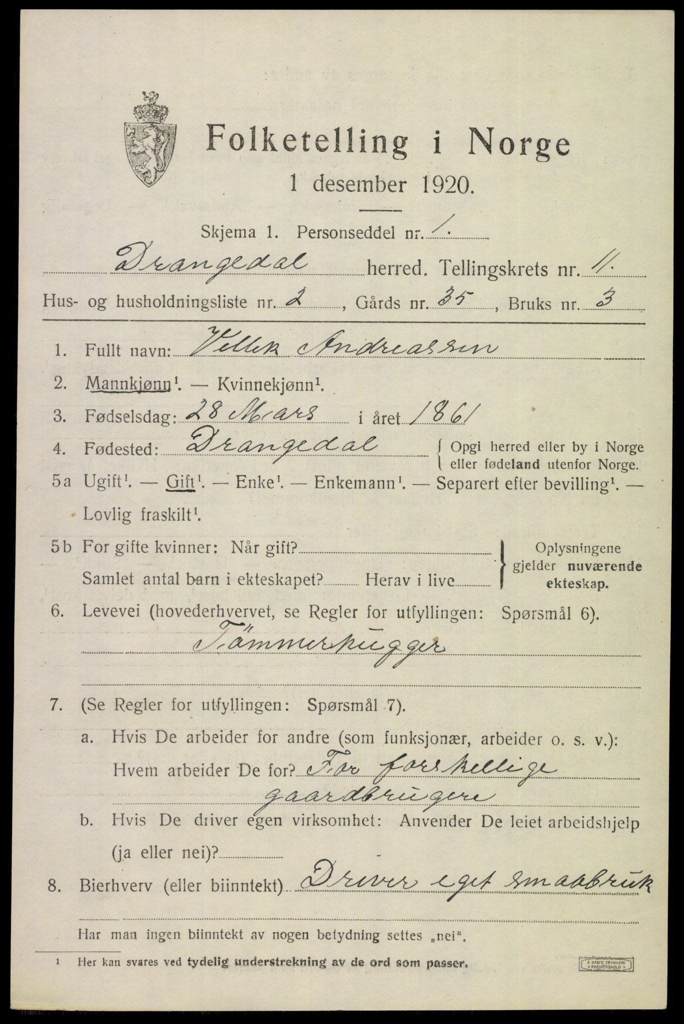 SAKO, 1920 census for Drangedal, 1920, p. 6621