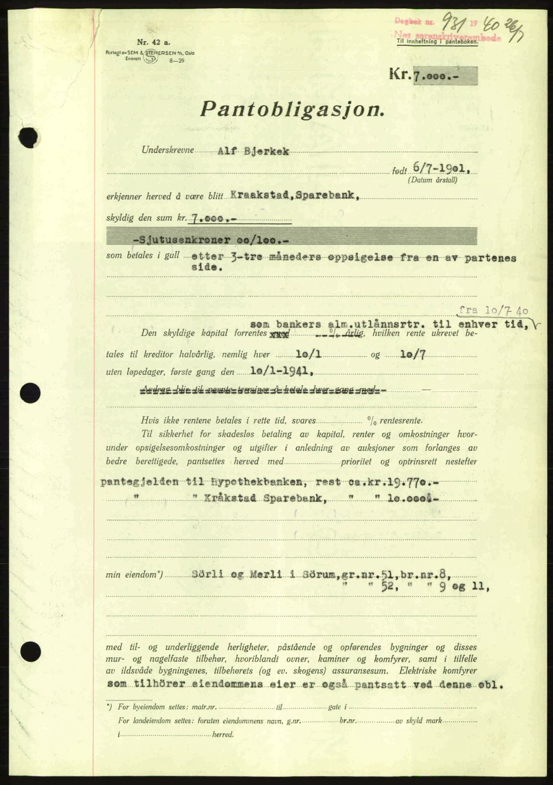 Nes tingrett, SAO/A-10548/G/Gb/Gbb/L0010: Mortgage book no. 54, 1939-1940, Diary no: : 931/1940