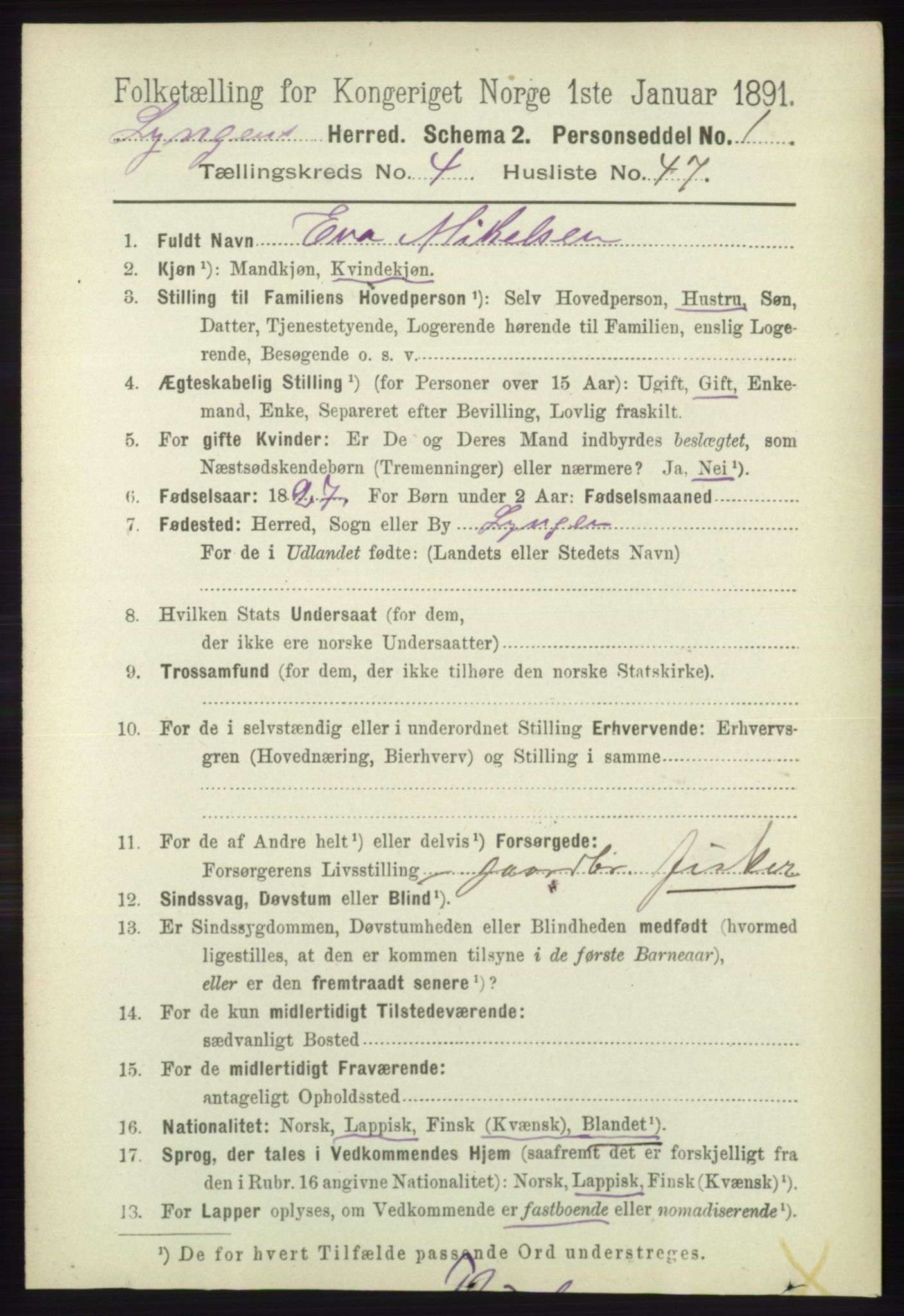 RA, 1891 census for 1938 Lyngen, 1891, p. 4021