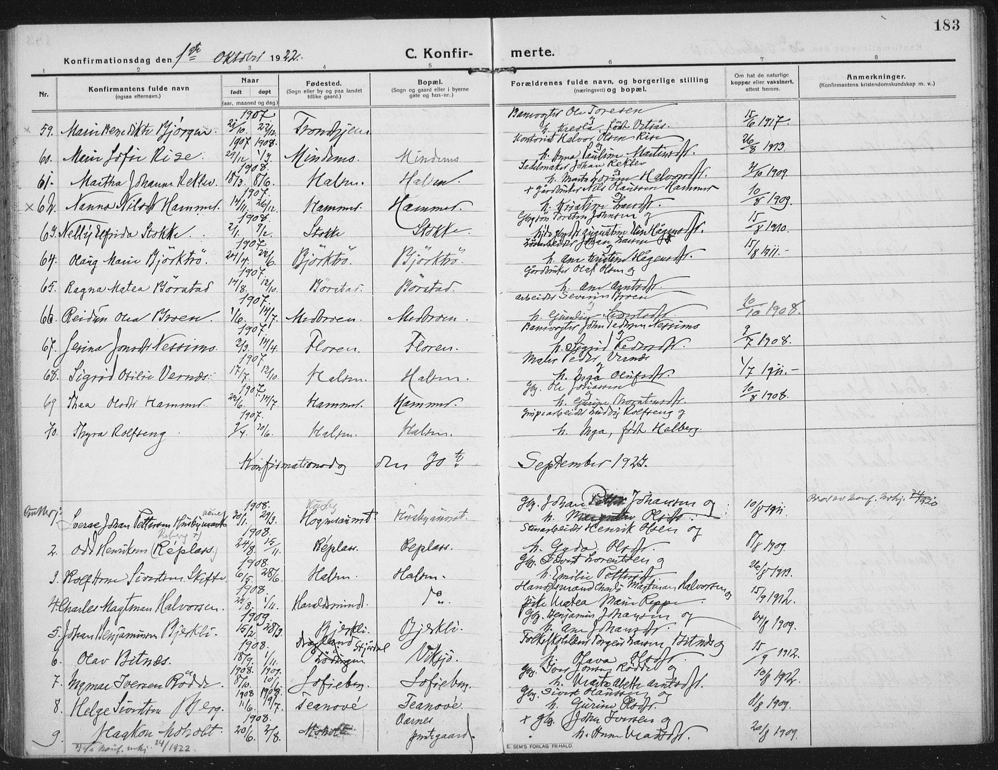 Ministerialprotokoller, klokkerbøker og fødselsregistre - Nord-Trøndelag, SAT/A-1458/709/L0083: Parish register (official) no. 709A23, 1916-1928, p. 183