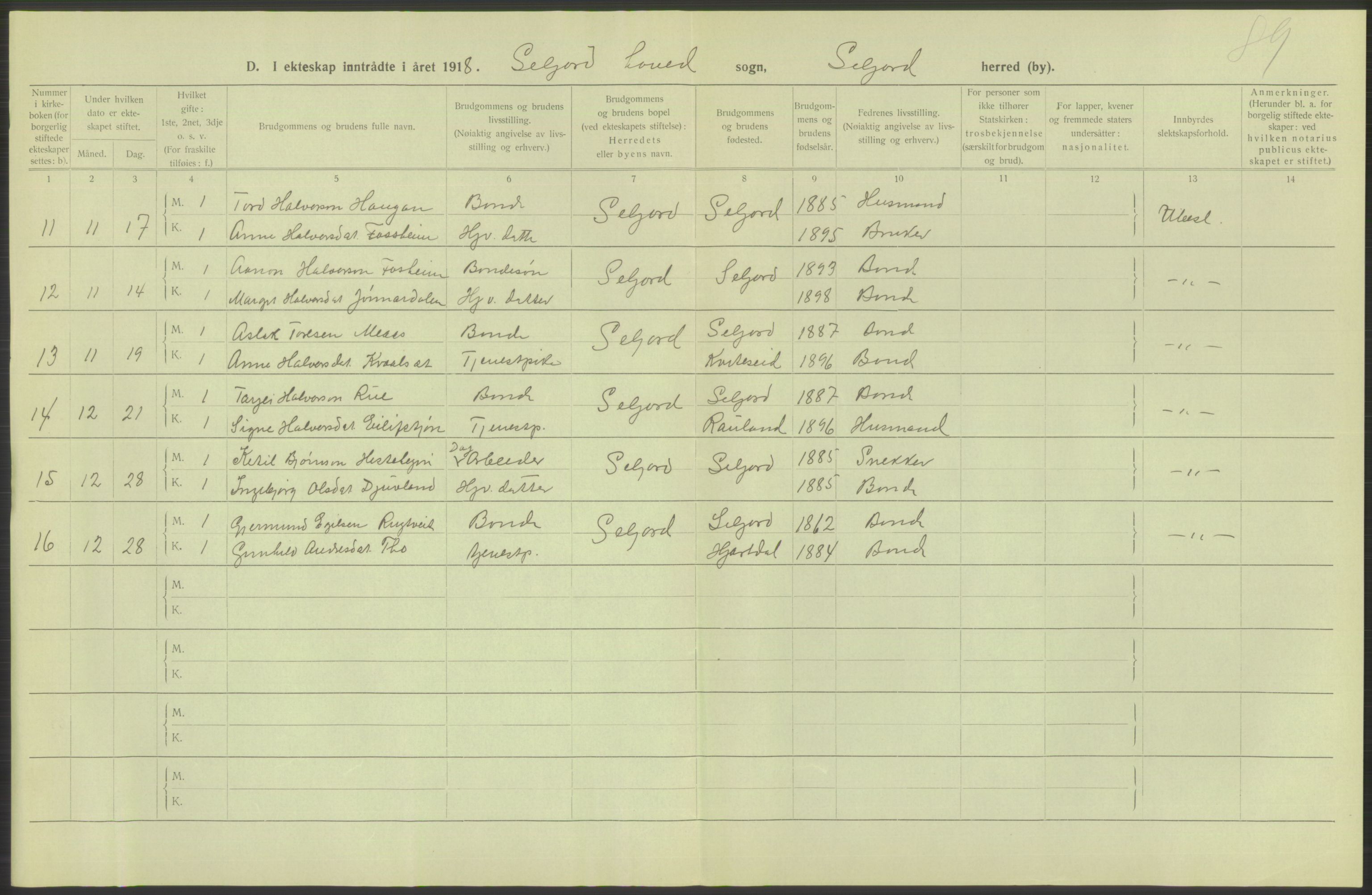 Statistisk sentralbyrå, Sosiodemografiske emner, Befolkning, RA/S-2228/D/Df/Dfb/Dfbh/L0025: Telemark fylke: Gifte, dødfødte. Bygder og byer., 1918, p. 234