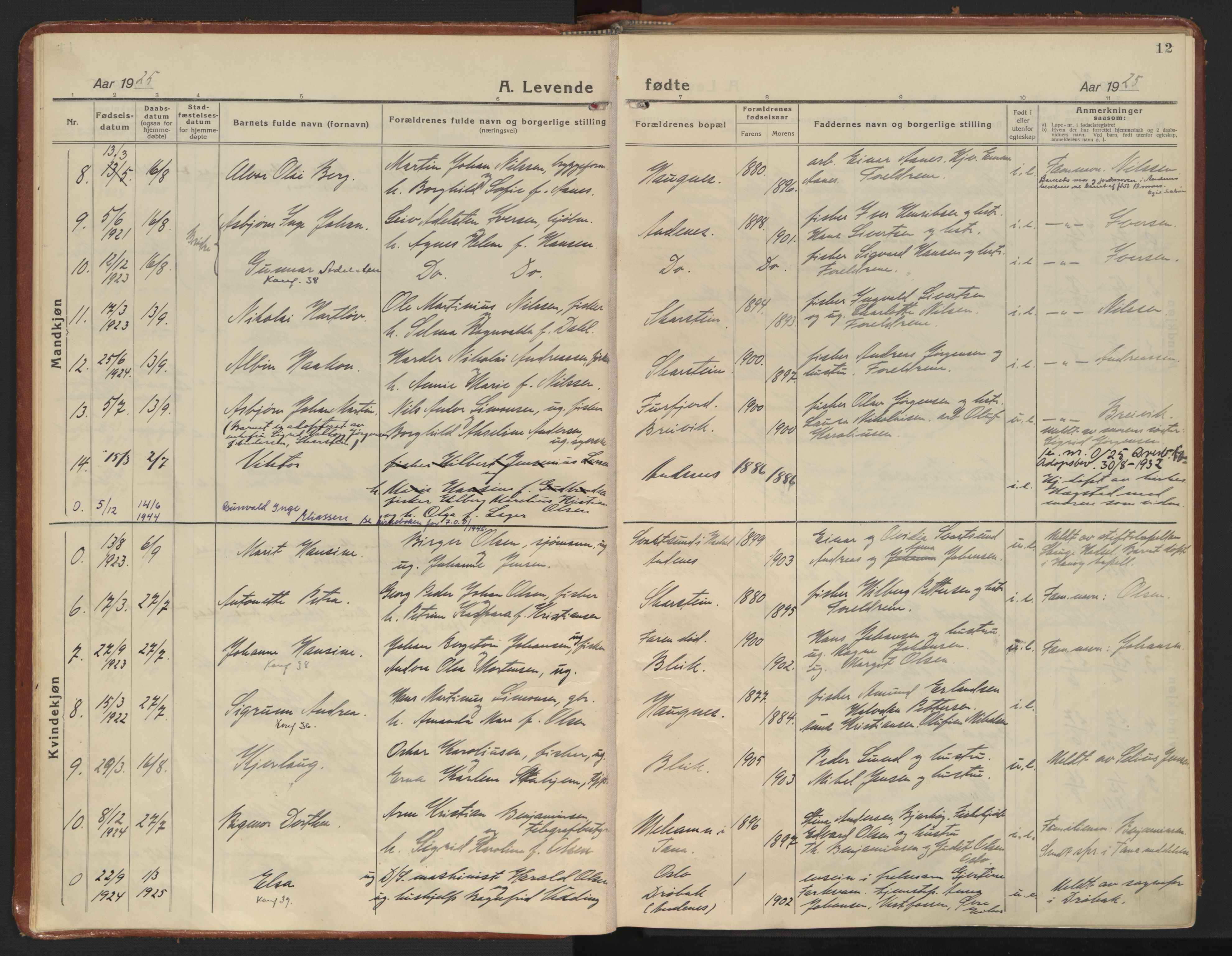Ministerialprotokoller, klokkerbøker og fødselsregistre - Nordland, SAT/A-1459/899/L1441: Parish register (official) no. 899A09, 1923-1939, p. 12