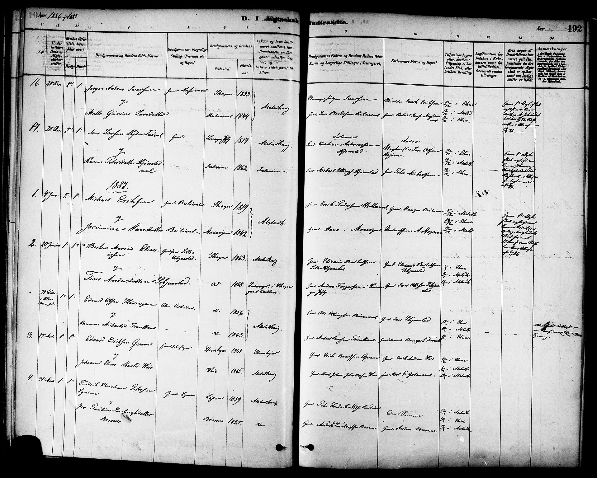 Ministerialprotokoller, klokkerbøker og fødselsregistre - Nord-Trøndelag, SAT/A-1458/717/L0159: Parish register (official) no. 717A09, 1878-1898, p. 192