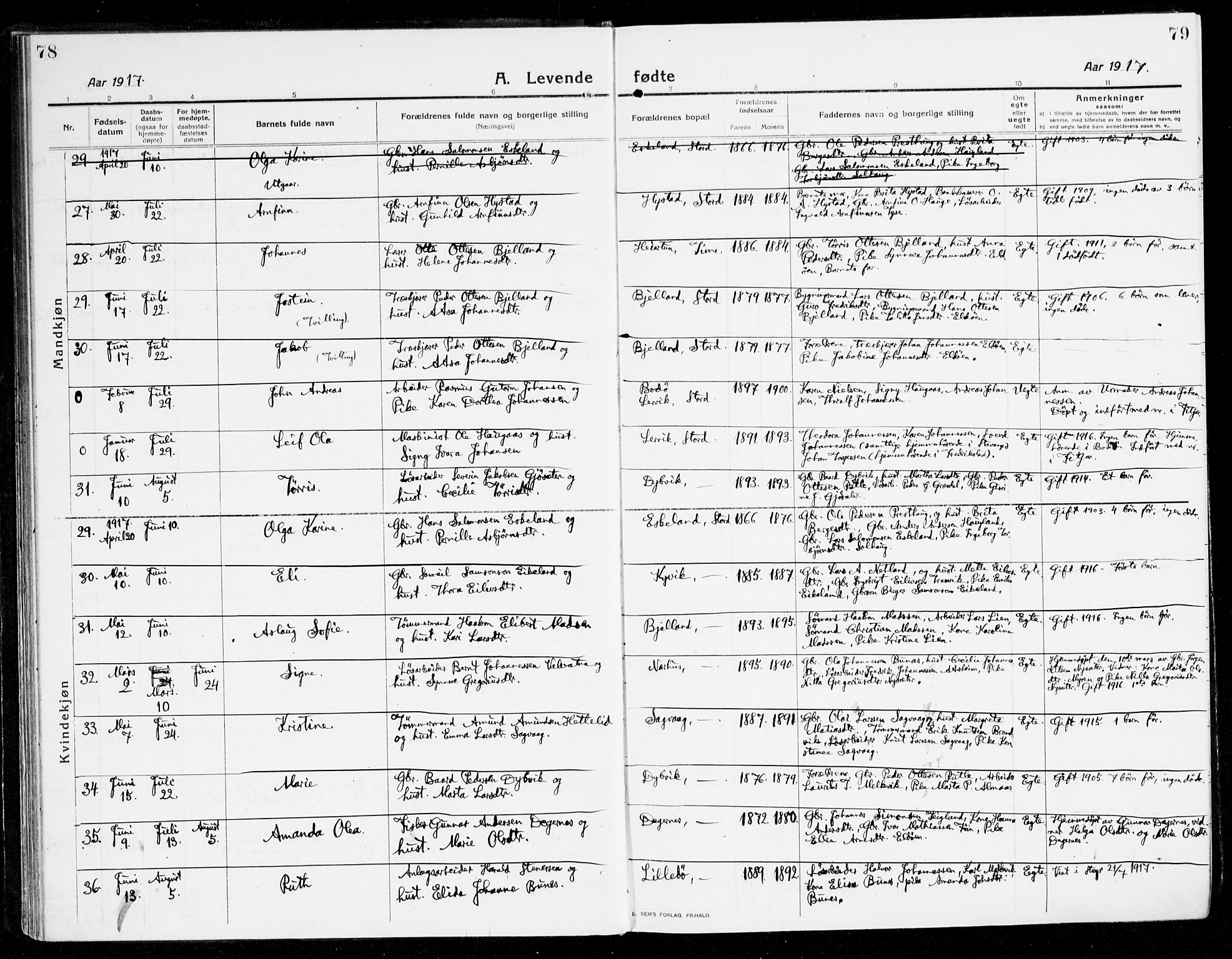 Stord sokneprestembete, AV/SAB-A-78201/H/Haa: Parish register (official) no. B 3, 1913-1925, p. 78-79