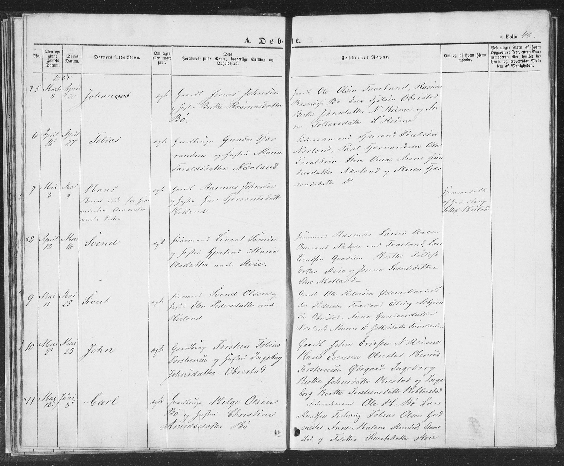 Hå sokneprestkontor, AV/SAST-A-101801/001/30BA/L0006: Parish register (official) no. A 5, 1842-1853, p. 45