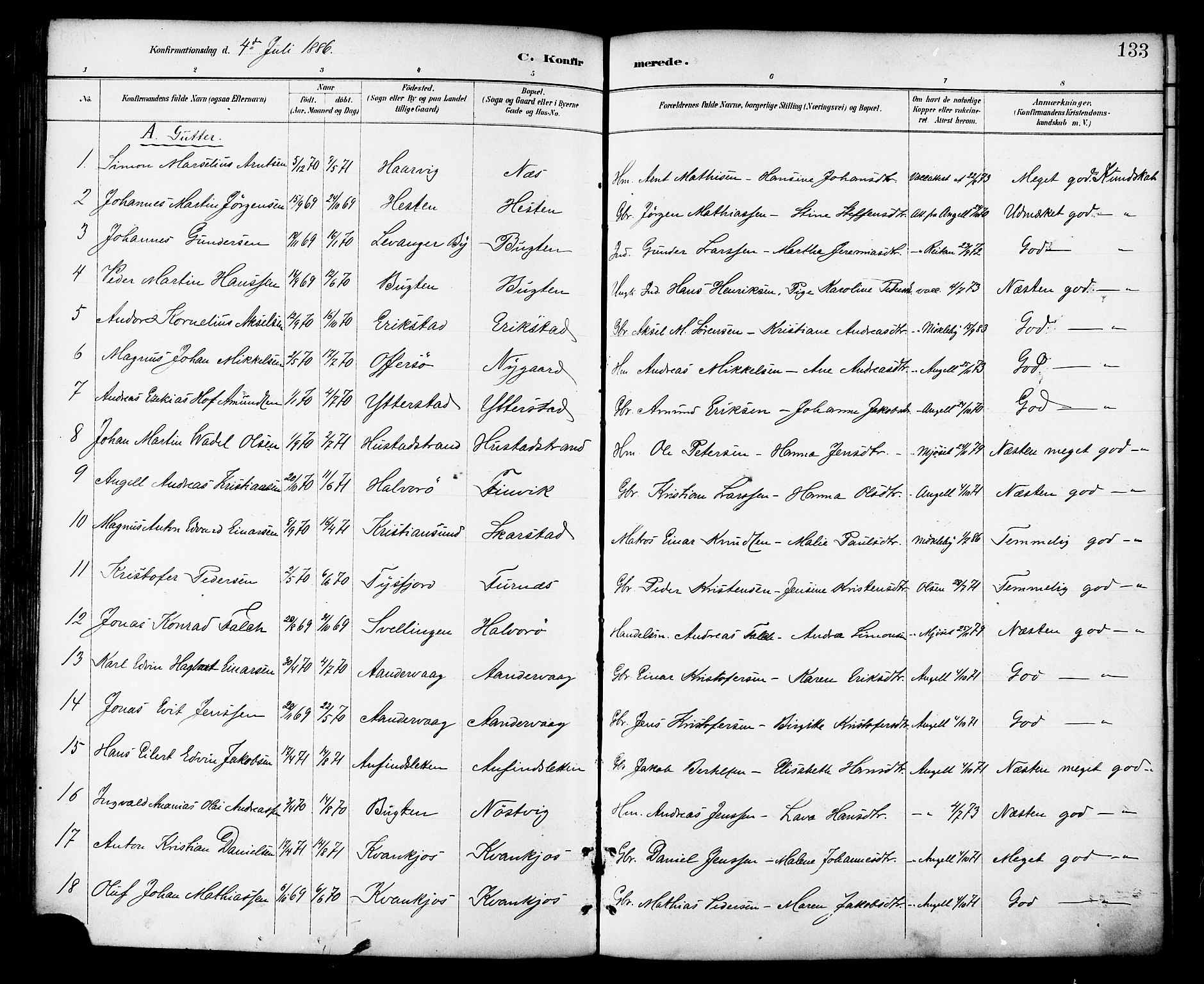 Ministerialprotokoller, klokkerbøker og fødselsregistre - Nordland, SAT/A-1459/872/L1035: Parish register (official) no. 872A10, 1884-1896, p. 133