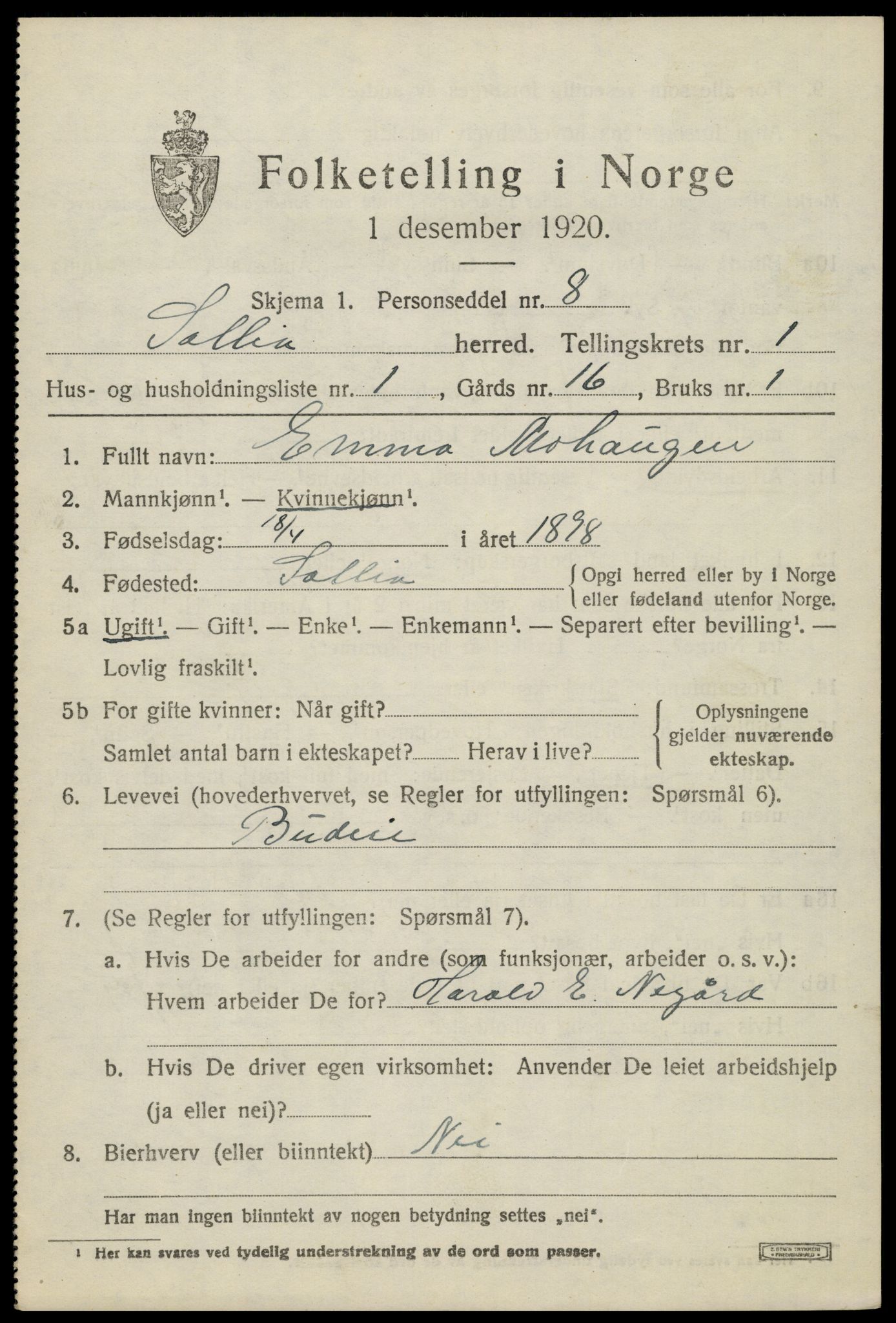 SAH, 1920 census for Sollia, 1920, p. 197