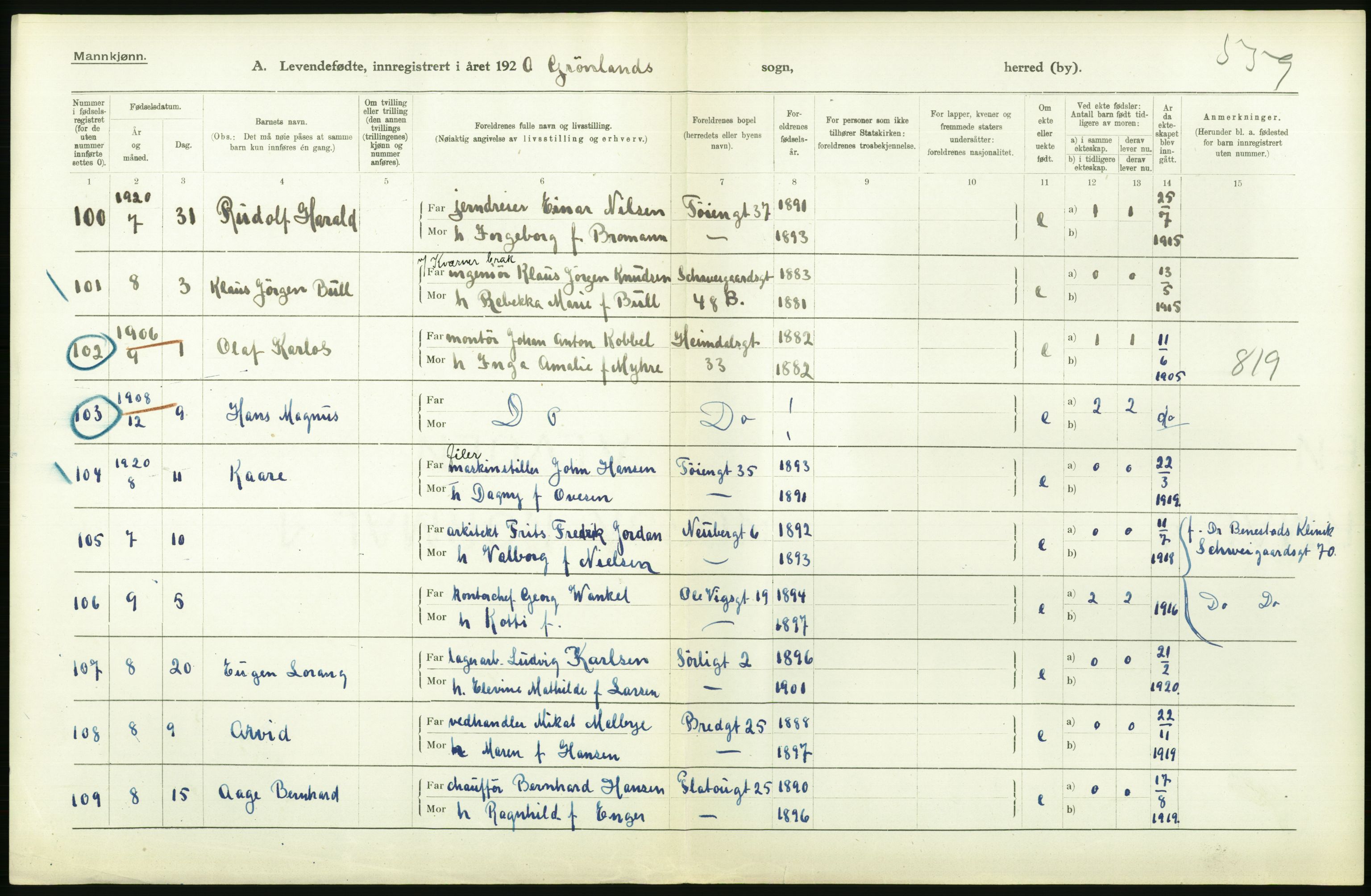 Statistisk sentralbyrå, Sosiodemografiske emner, Befolkning, AV/RA-S-2228/D/Df/Dfb/Dfbj/L0008: Kristiania: Levendefødte menn og kvinner., 1920, p. 136