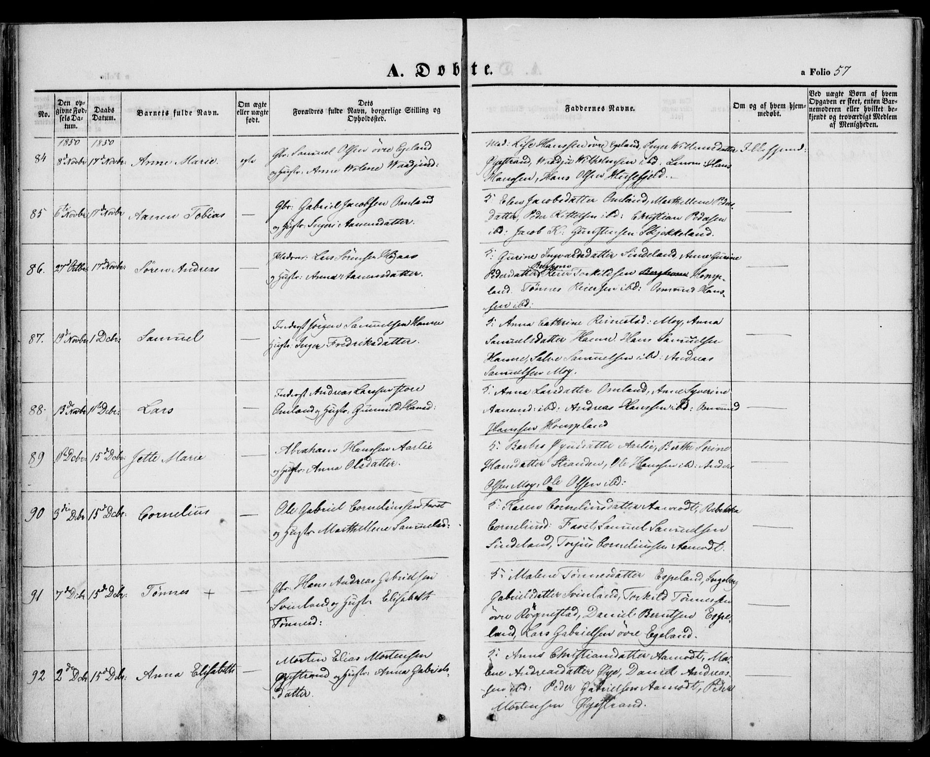 Kvinesdal sokneprestkontor, AV/SAK-1111-0026/F/Fa/Fab/L0005: Parish register (official) no. A 5, 1844-1857, p. 57