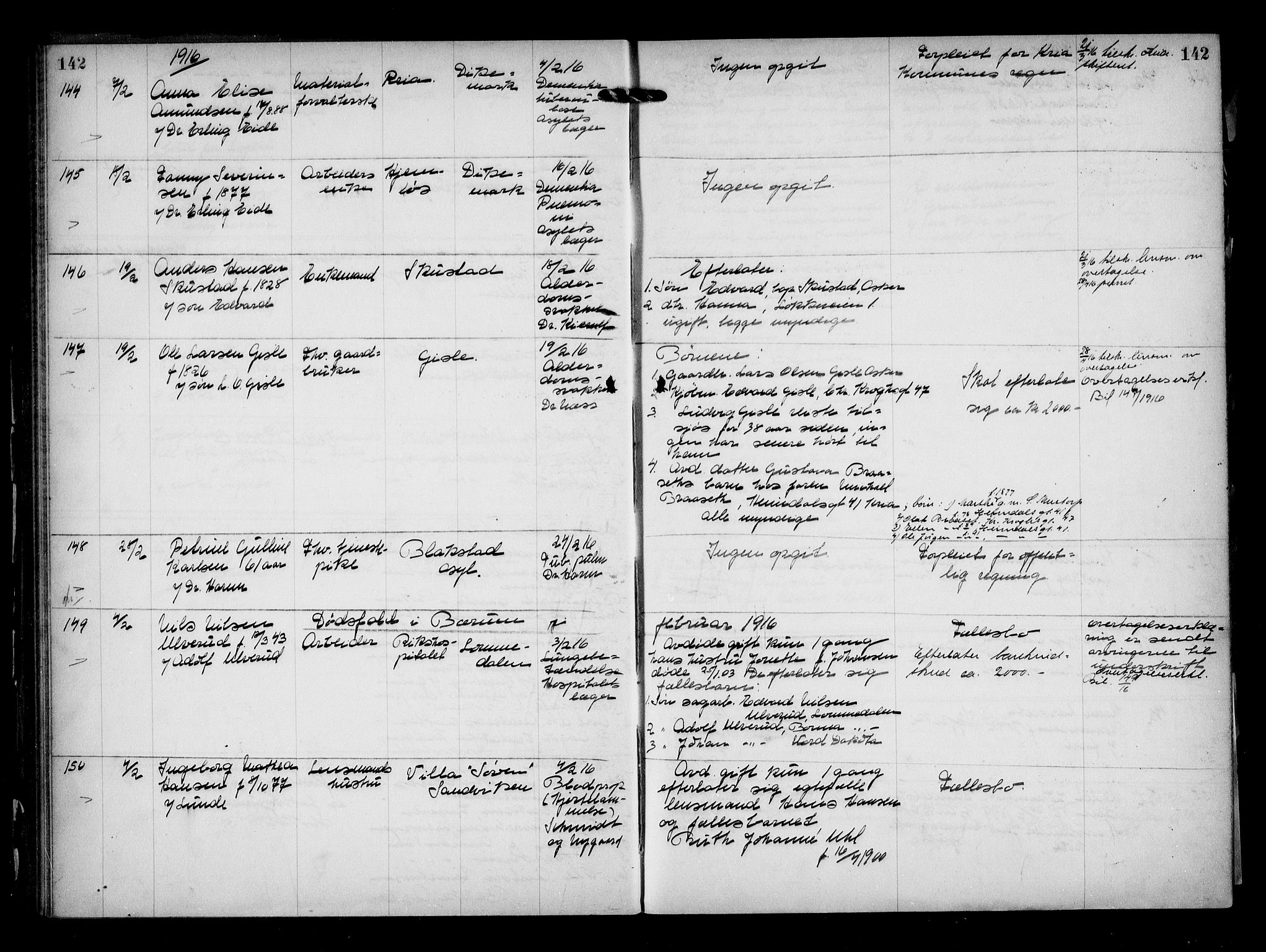 Aker kriminaldommer, skifte- og auksjonsforvalterembete, AV/SAO-A-10452/H/Hb/Hba/Hbaa/L0004: Dødsfallsprotokoll, 1914-1918, p. 142