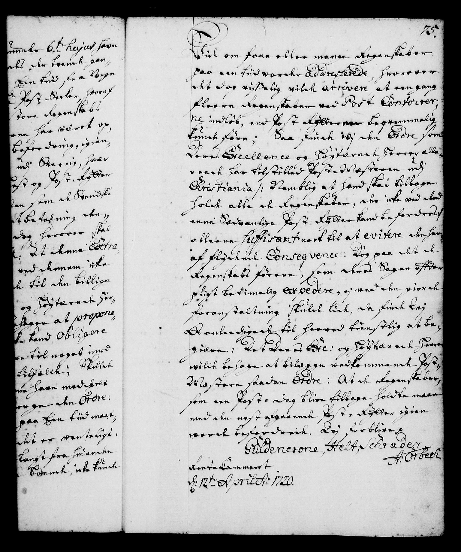 Rentekammeret, Kammerkanselliet, RA/EA-3111/G/Gg/Gga/L0001: Norsk ekspedisjonsprotokoll med register (merket RK 53.1), 1720-1723, p. 75