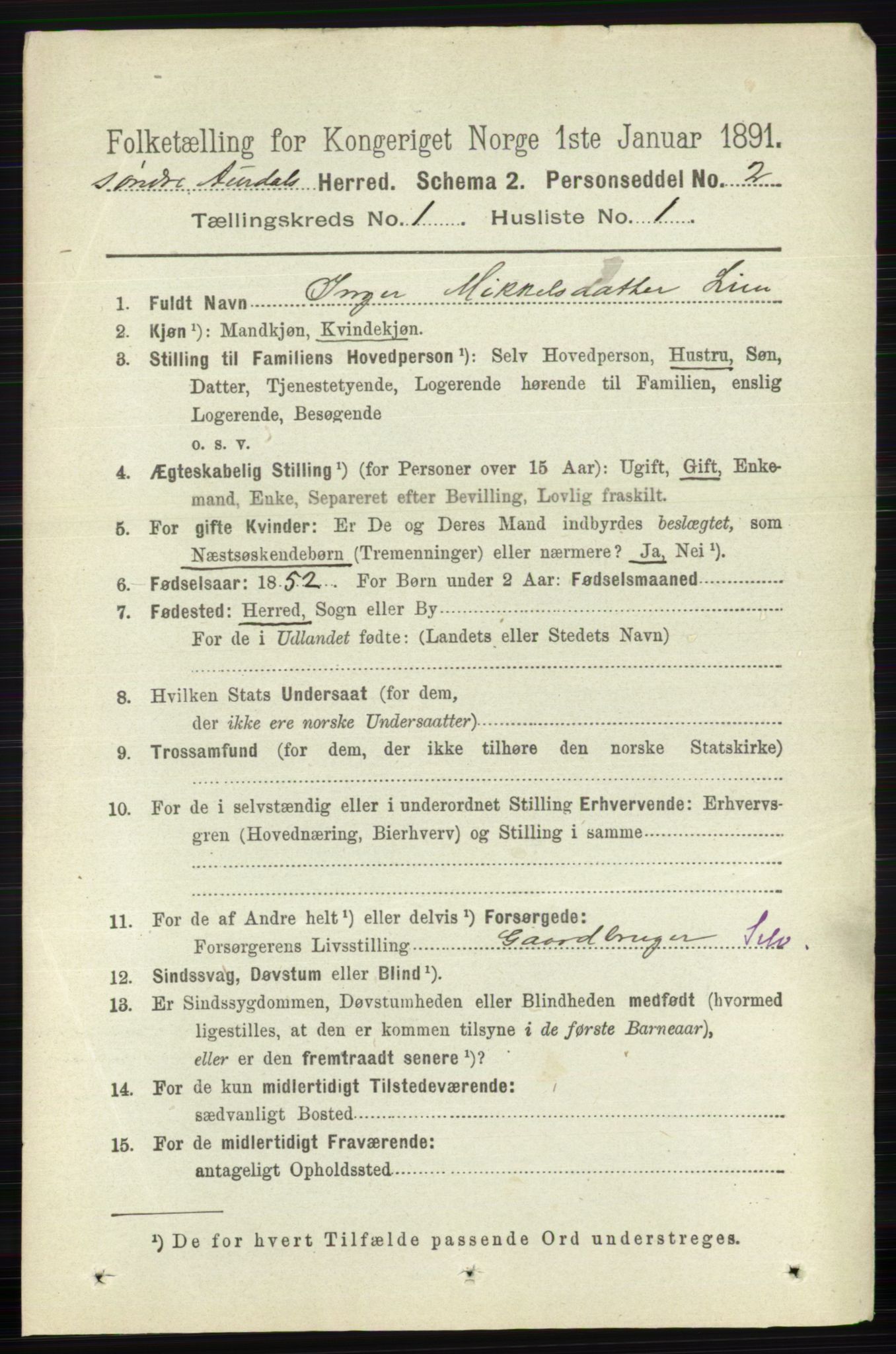 RA, 1891 census for 0540 Sør-Aurdal, 1891, p. 144