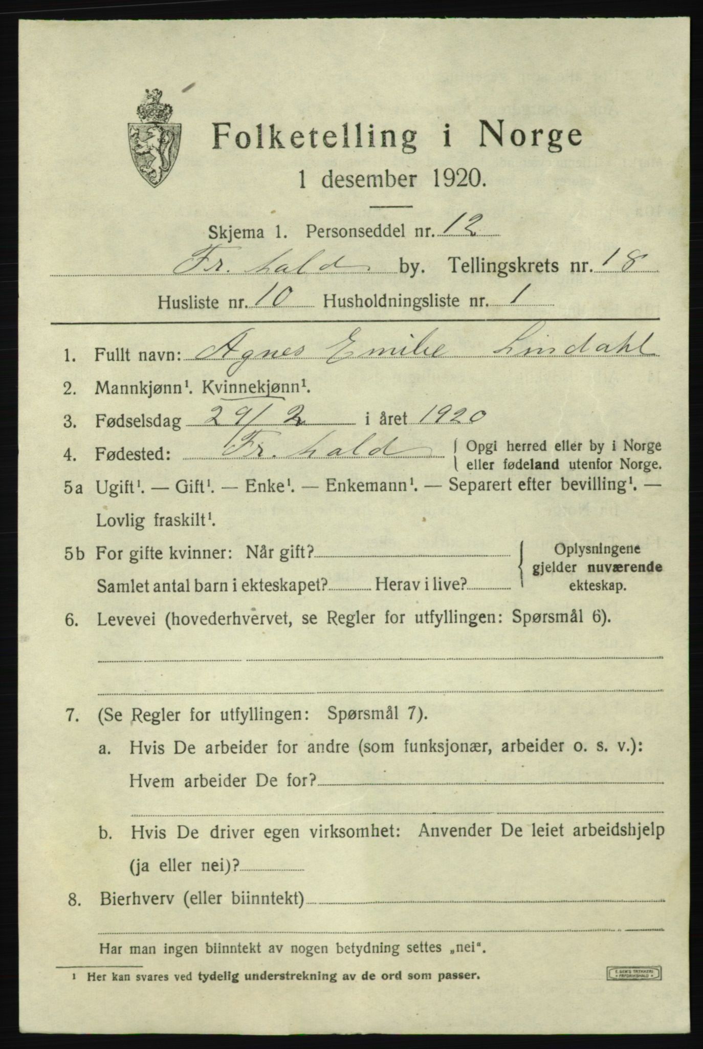 SAO, 1920 census for Fredrikshald, 1920, p. 27317